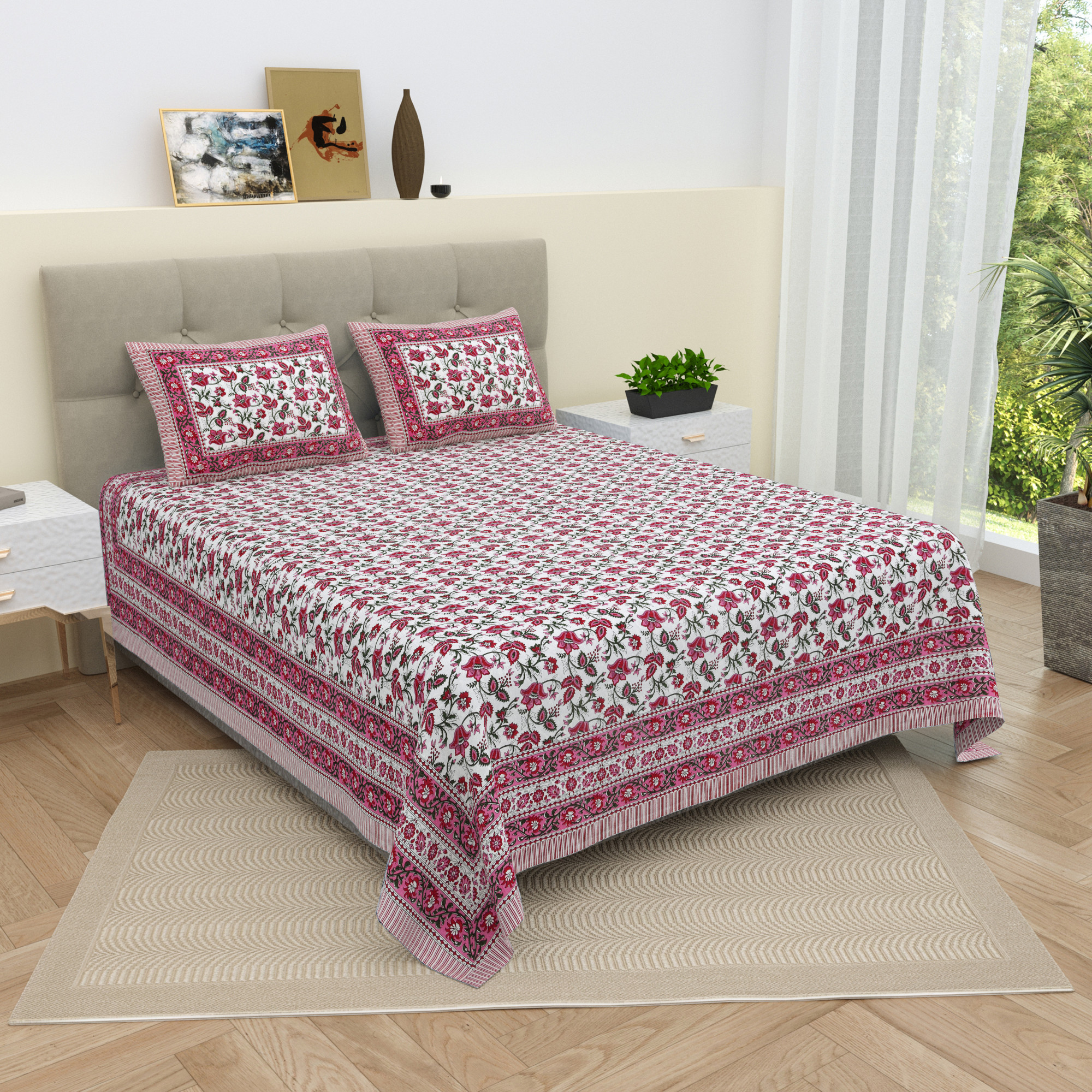 White Maroon Floral 210 TC Pure Cotton Double Bedsheet with 2 Pillow Covers