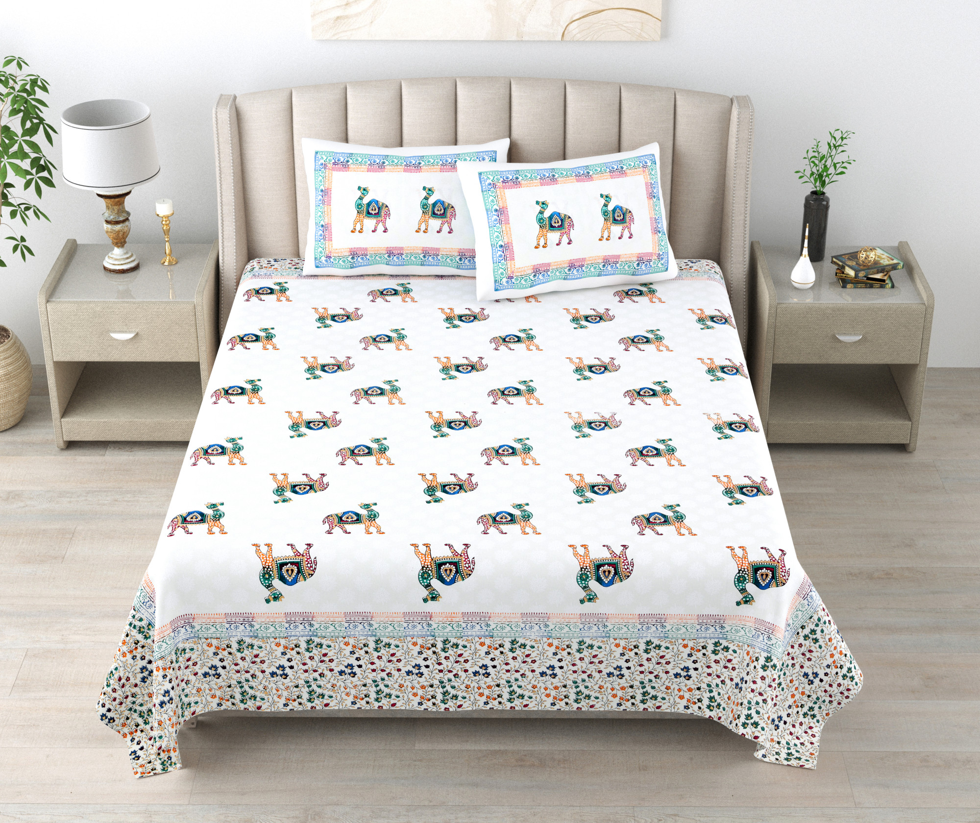 Satrangi Camel 240 TC Pure Cotton Double Bedsheet with 2 Pillow Covers