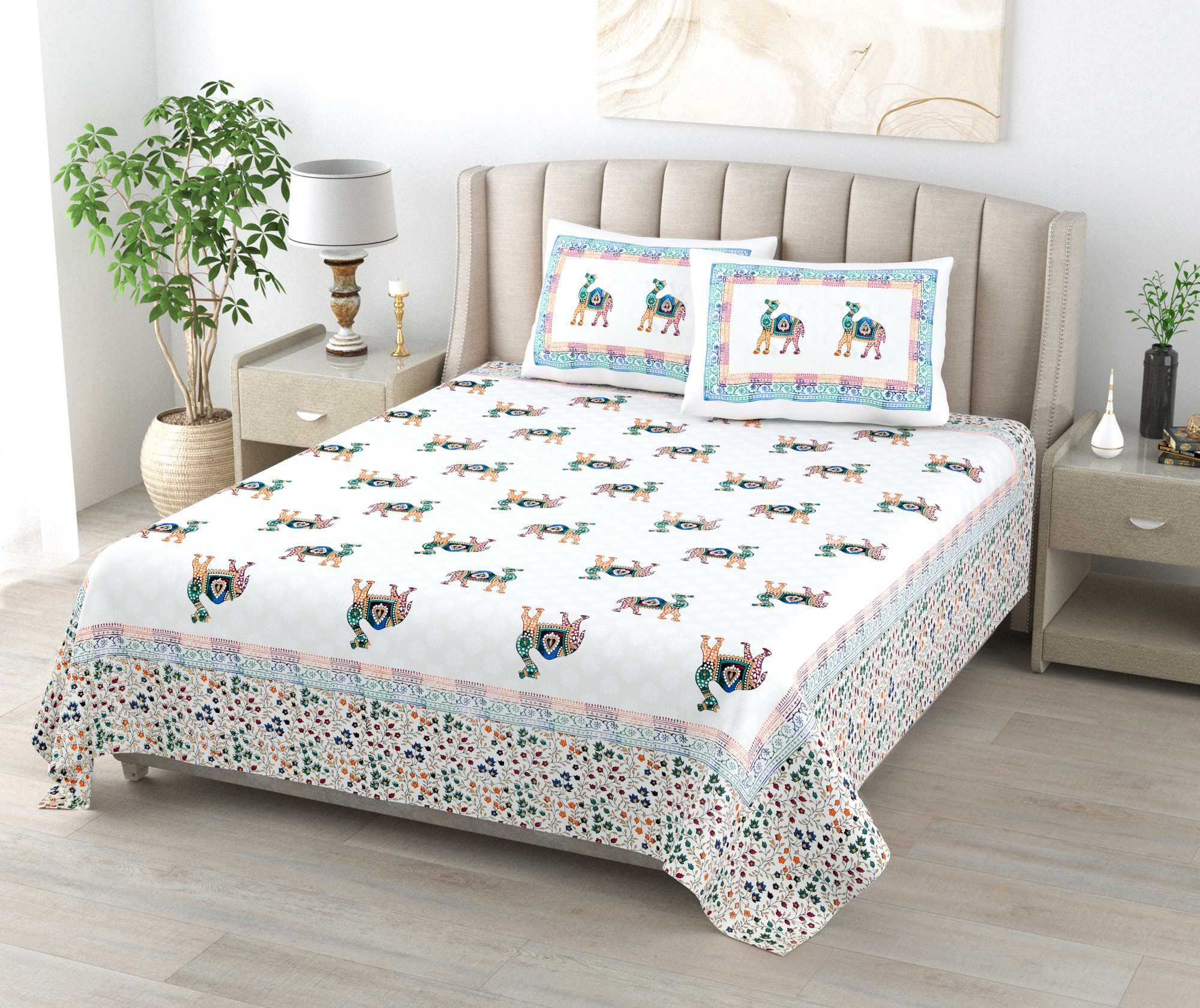 Satrangi Camel 240 TC Pure Cotton Double Bedsheet with 2 Pillow Covers