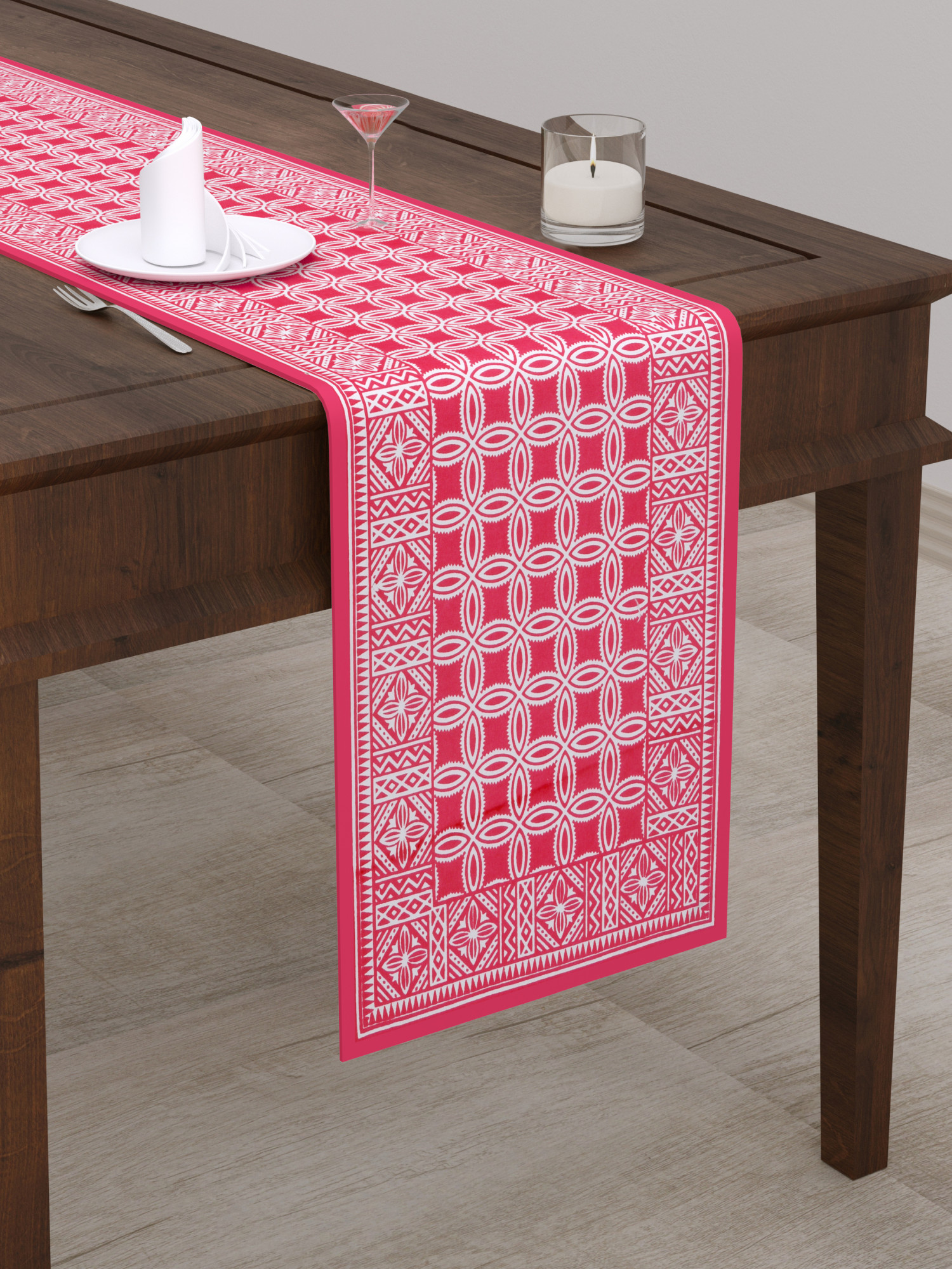 Cotton Table Runner for CenterDining Table 152 x 35 Centimeter Pink Geometric Pattern