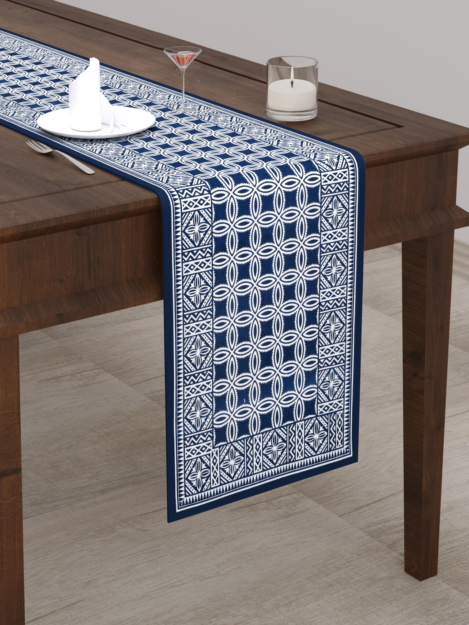 Cotton Table Runner for CenterDining Table 152 x 35 Centimeter Blue Geometric Pattern