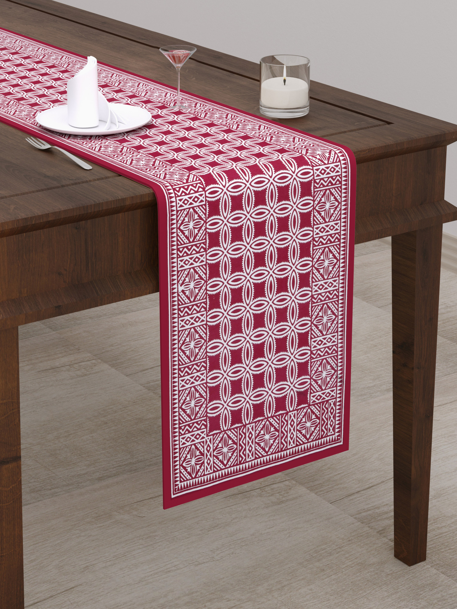 Cotton Table Runner for CenterDining Table 152 x 35 Centimeter Maroon Geometric Pattern