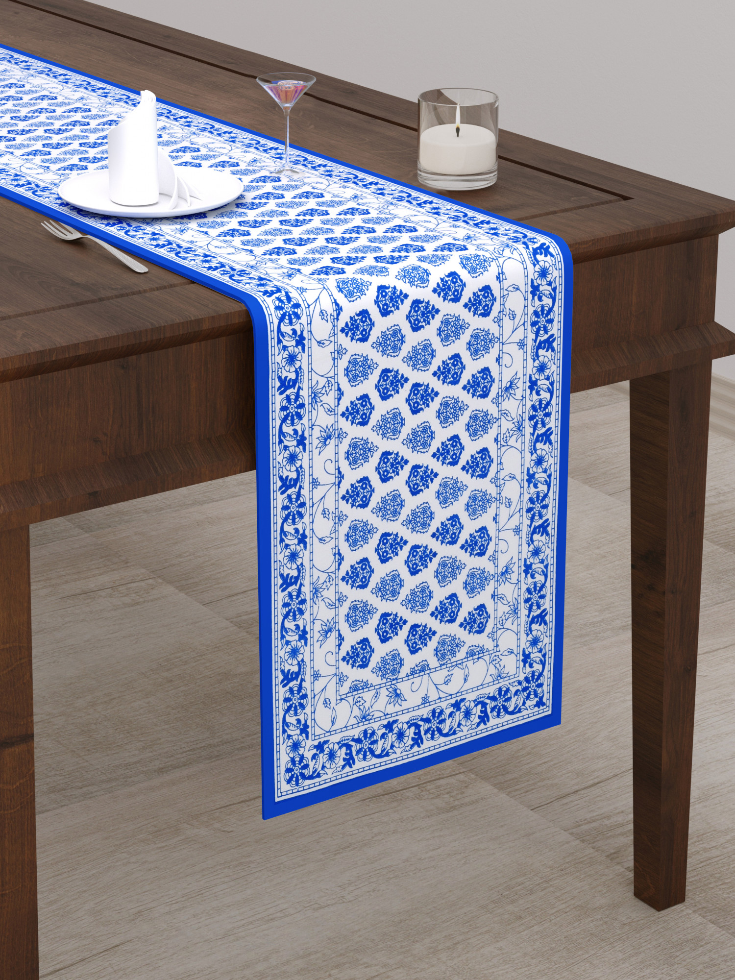 Blue Floral Print Pure Cotton Table Runner for CenterDining Table 152 x 35 Centimeter