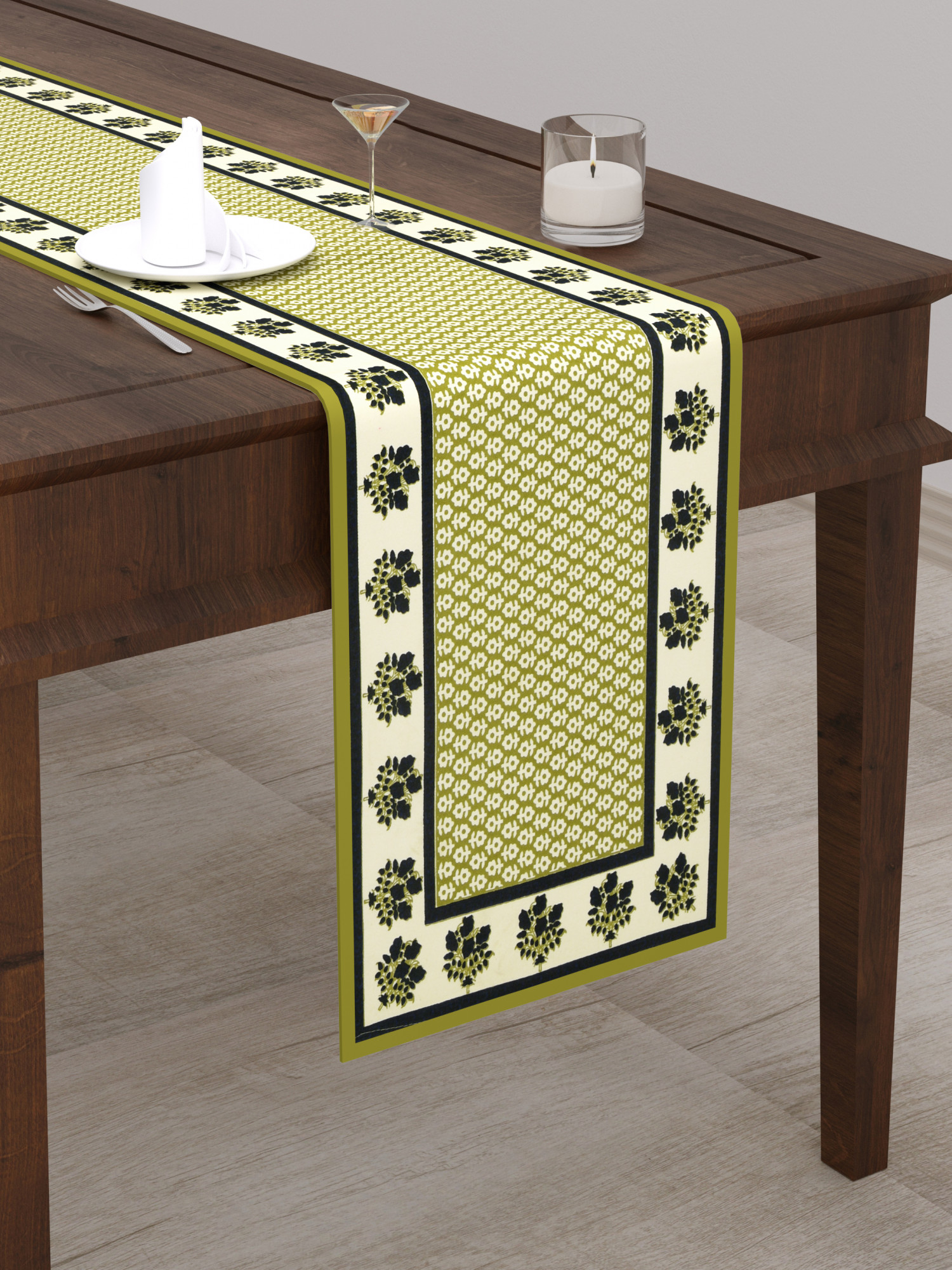 Green Floral Print Pure Cotton Table Runner for CenterDining Table 152 x 35 Centimeter