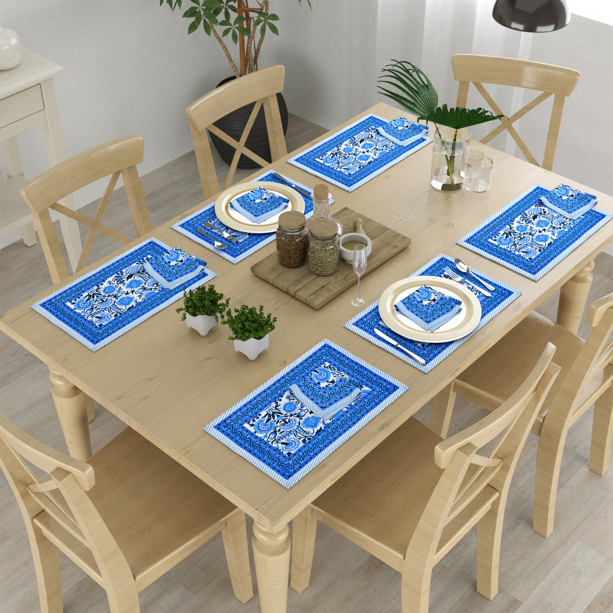Blue Floral Print Pure Cotton Mat and Napkin Set For CenterDining Table - Set Of 12 Pieces 6 Mats 6 Napkins
