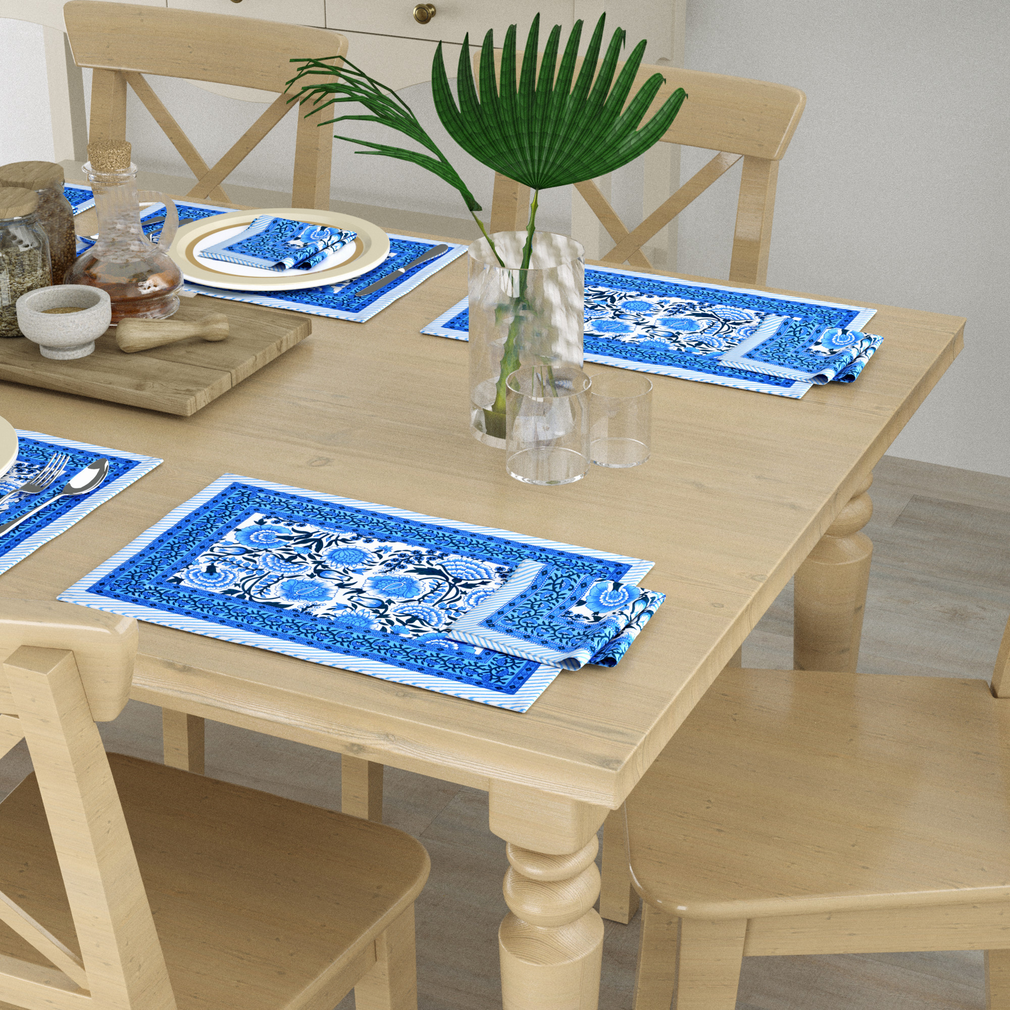 Blue Floral Print Pure Cotton Mat and Napkin Set For CenterDining Table - Set Of 12 Pieces 6 Mats 6 Napkins