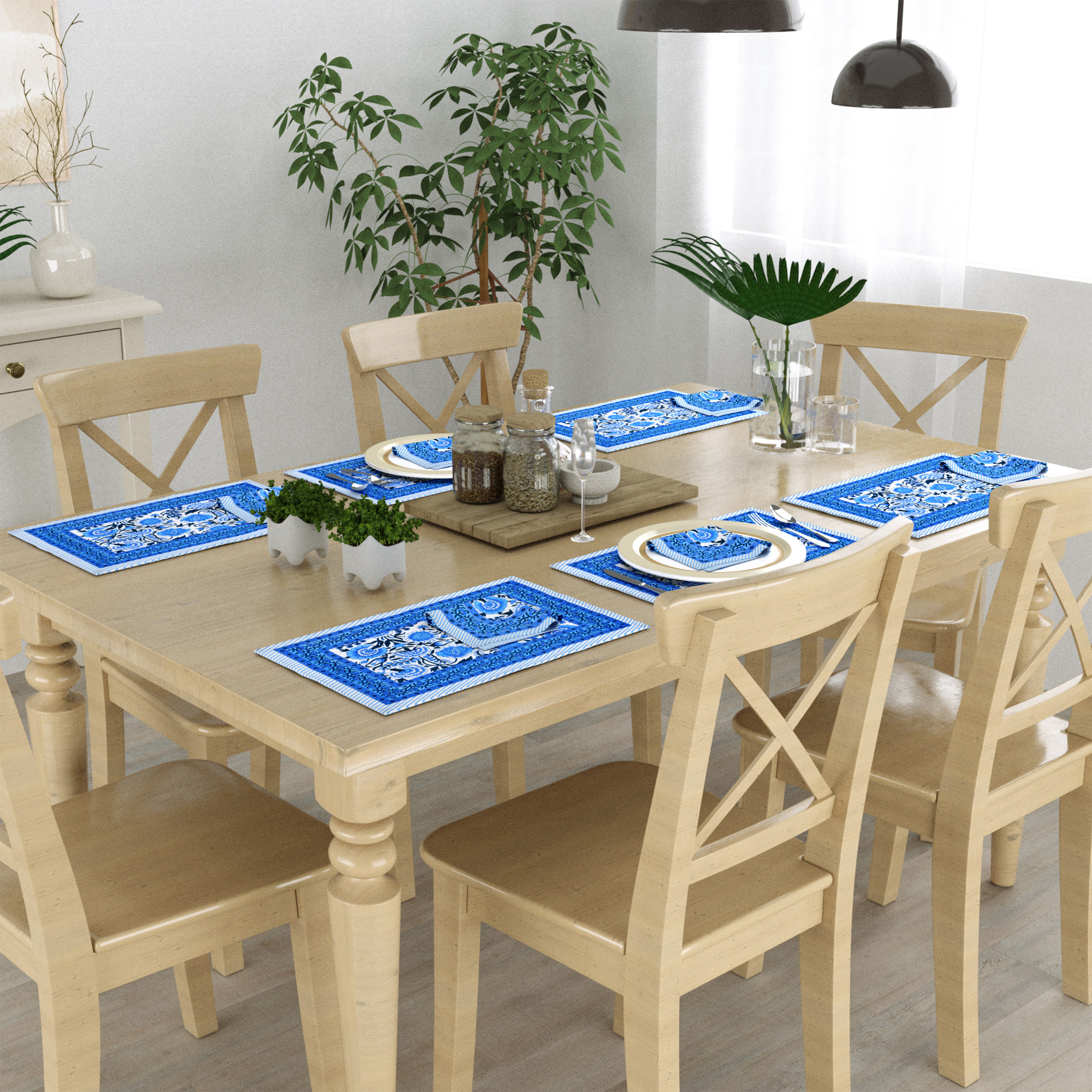 Blue Floral Print Pure Cotton Mat and Napkin Set For CenterDining Table - Set Of 12 Pieces 6 Mats 6 Napkins