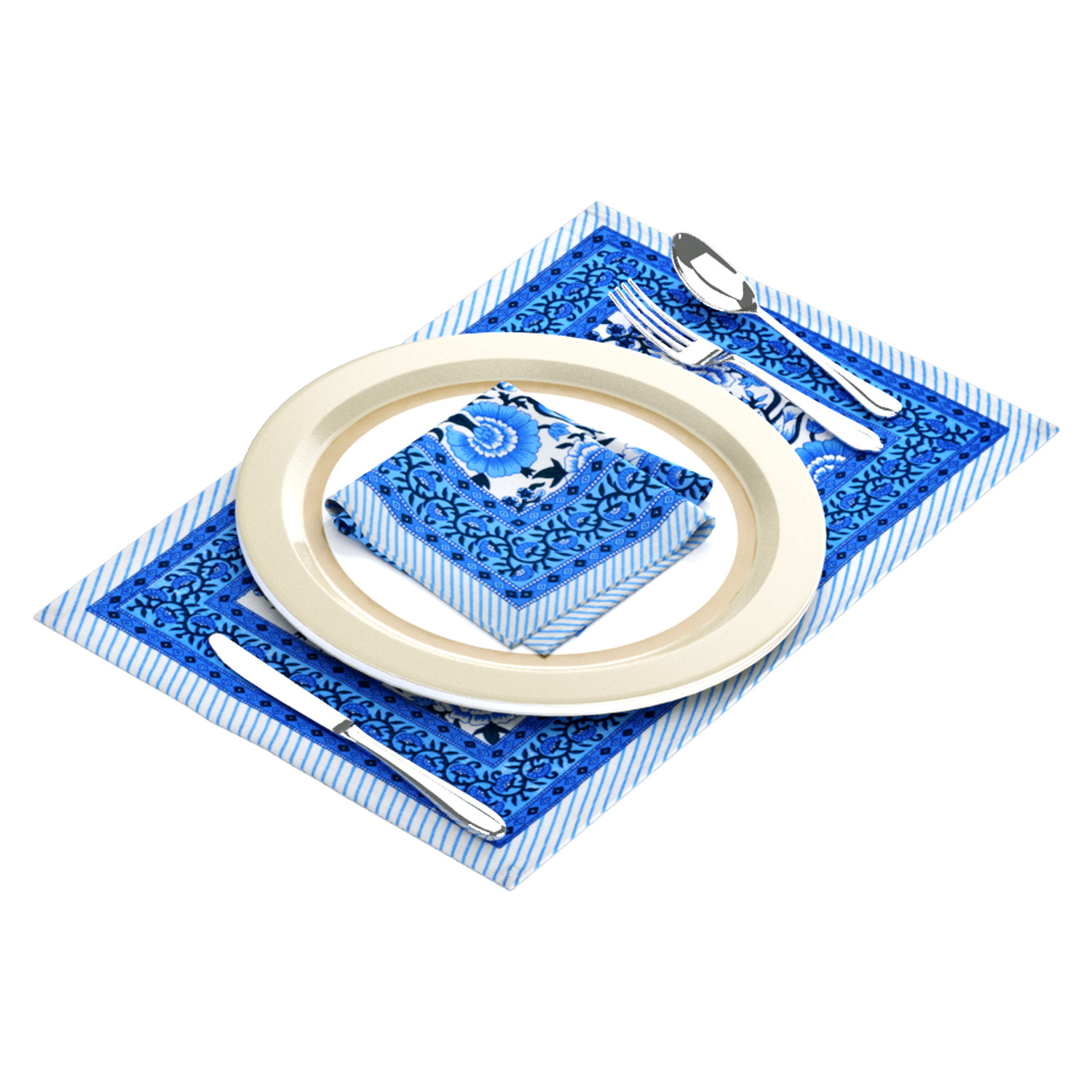 Blue Floral Print Pure Cotton Mat and Napkin Set For CenterDining Table - Set Of 12 Pieces 6 Mats 6 Napkins