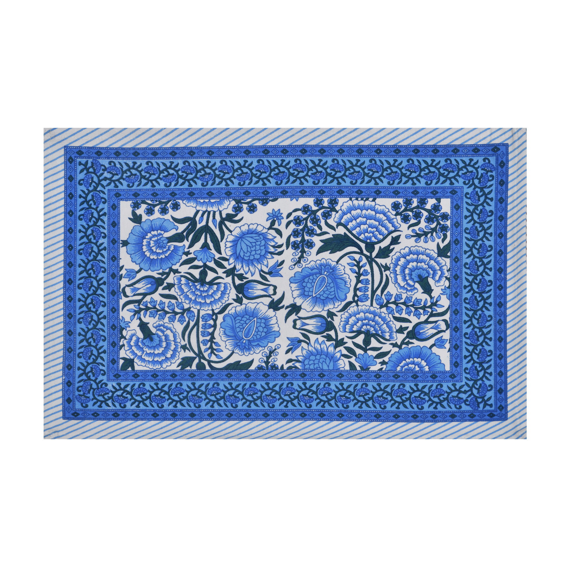 Blue Floral Print Pure Cotton Mat and Napkin Set For CenterDining Table - Set Of 12 Pieces 6 Mats 6 Napkins