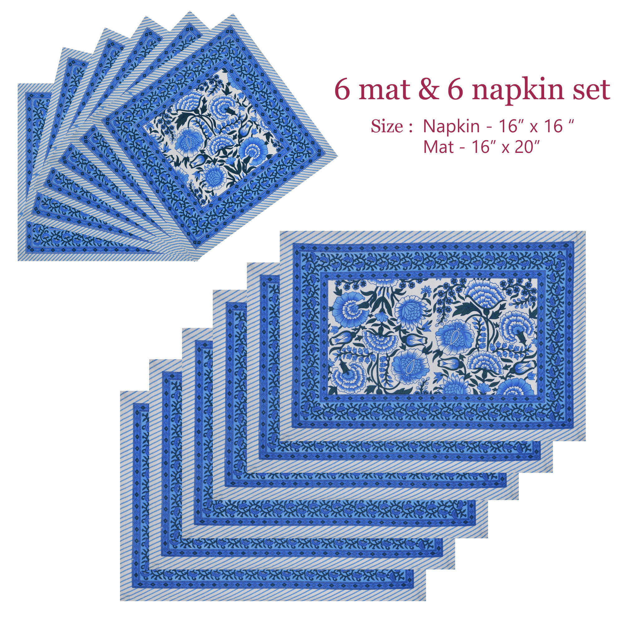 Blue Floral Print Pure Cotton Mat and Napkin Set For CenterDining Table - Set Of 12 Pieces 6 Mats 6 Napkins