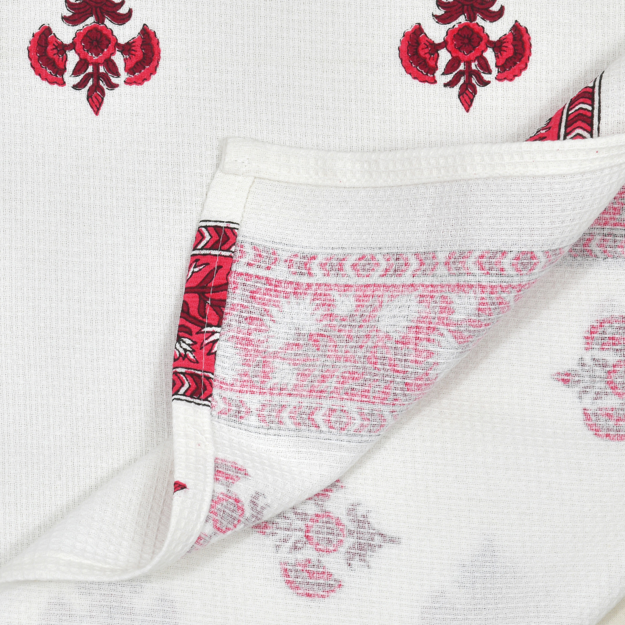 Maroon Pink Buta Cotton Hand Block Printed Waffle Fabric Towel 155 cm x 80 cm