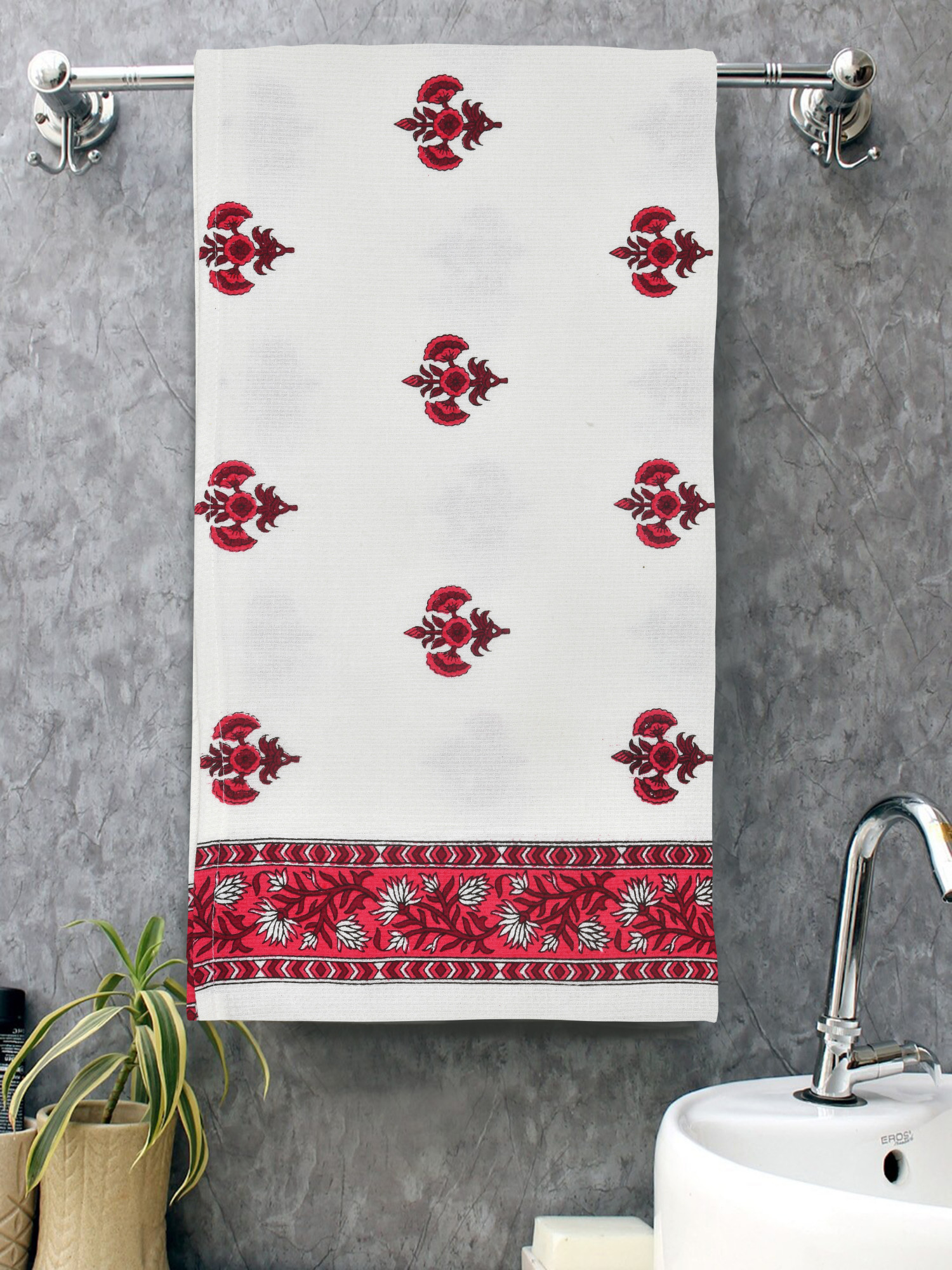 Maroon Pink Buta Cotton Hand Block Printed Waffle Fabric Towel 155 cm x 80 cm