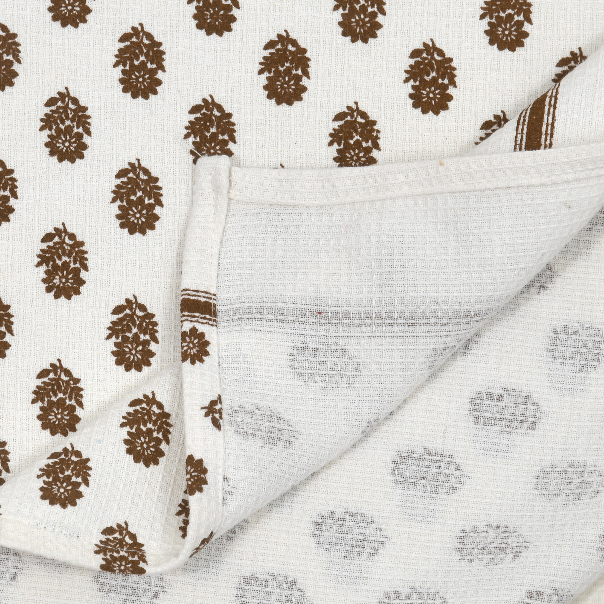 THE CRAFT MONK Cotton Hand Block Printed Waffle Fabric Towel Brown Buta