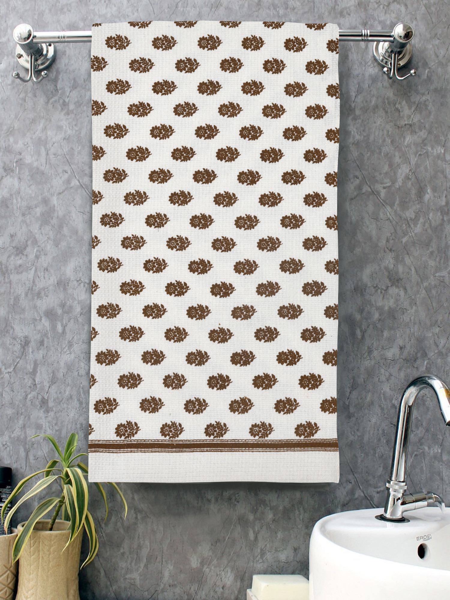 THE CRAFT MONK Cotton Hand Block Printed Waffle Fabric Towel Brown Buta