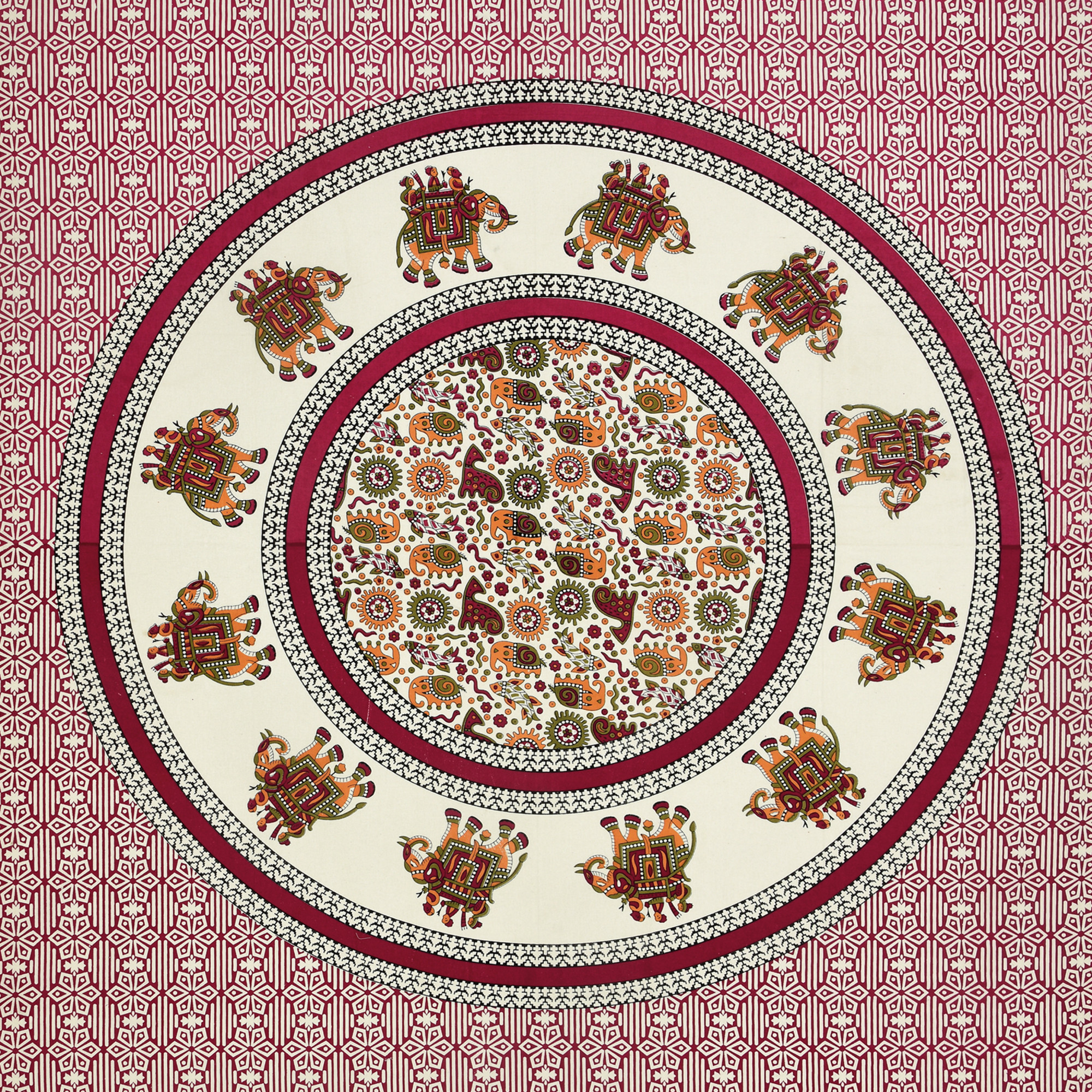 Maroon Elephant Printed 100 Pure Cotton Diwan Set for Living Room - Set Of 8 Pieces