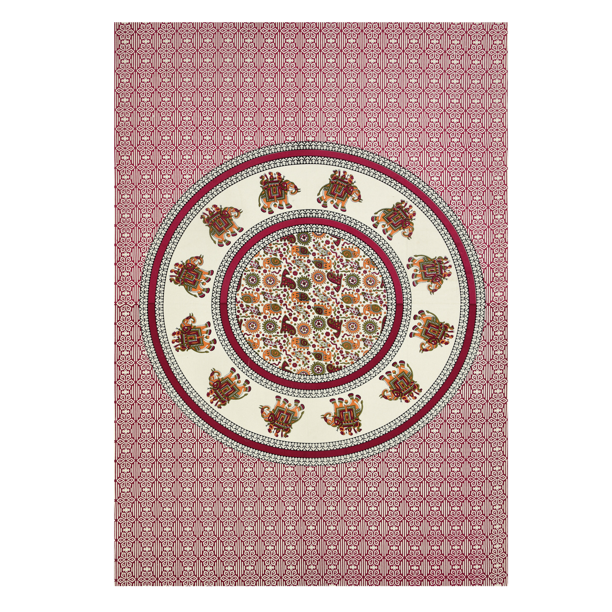 Maroon Elephant Printed 100 Pure Cotton Diwan Set for Living Room - Set Of 8 Pieces