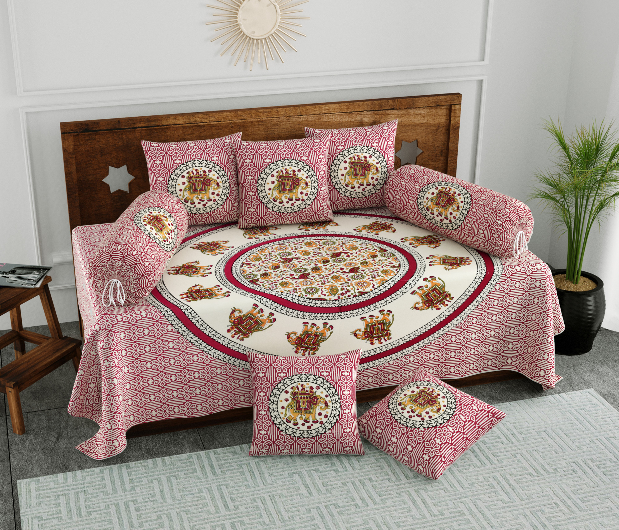 Maroon Elephant Printed 100 Pure Cotton Diwan Set for Living Room - Set Of 8 Pieces