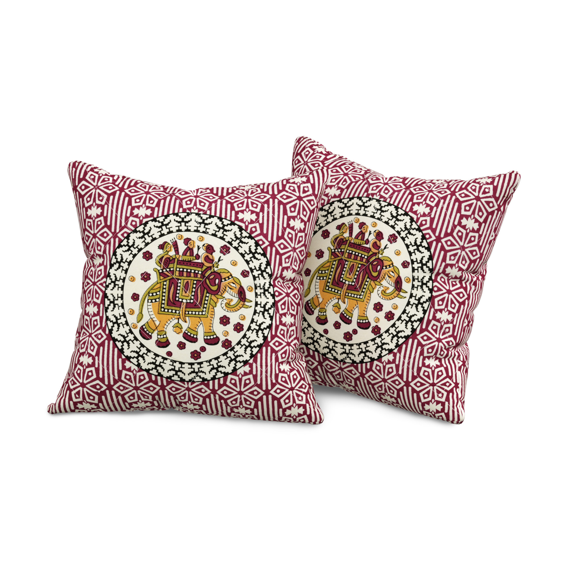 Maroon Elephant Printed 100 Pure Cotton Diwan Set for Living Room - Set Of 8 Pieces