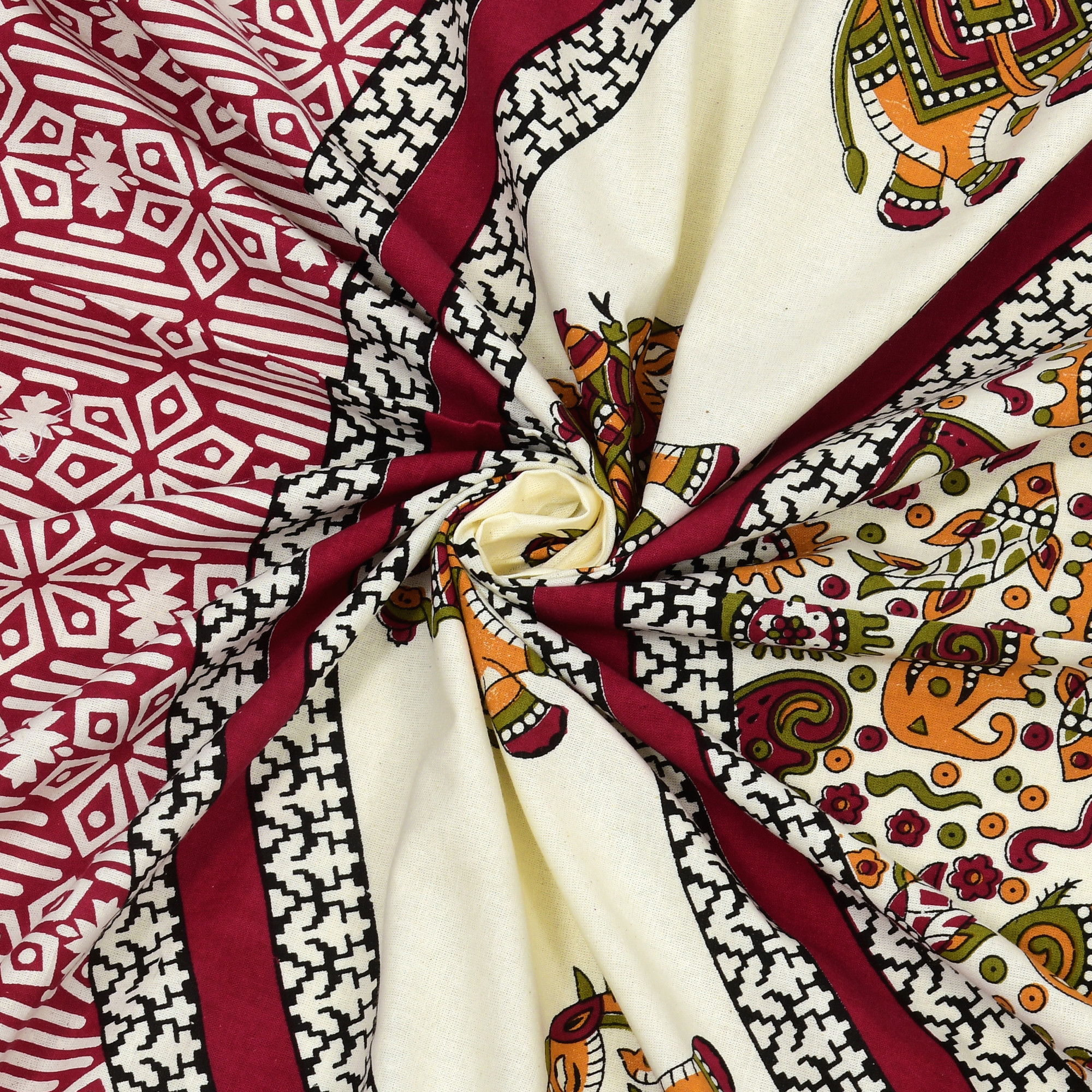 Maroon Elephant Printed 100 Pure Cotton Diwan Set for Living Room - Set Of 8 Pieces