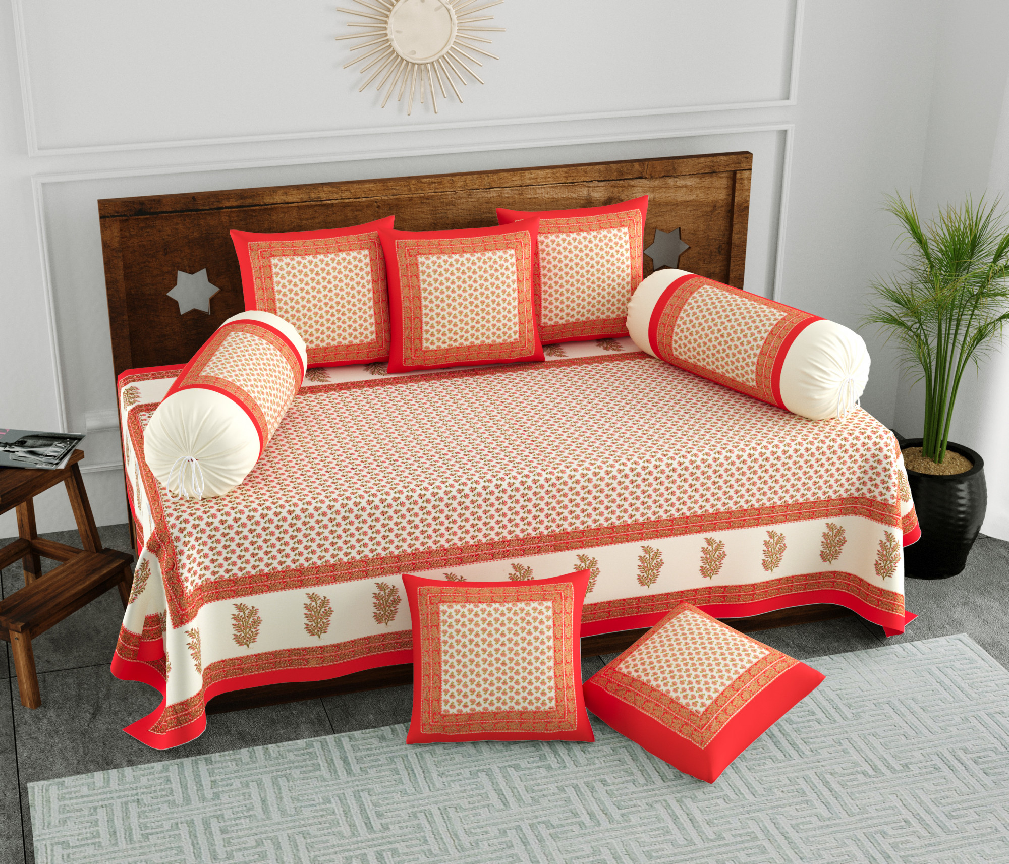 Pink Floral 100 Pure Cotton Diwan Set for Living Room - Set Of 8 Pieces