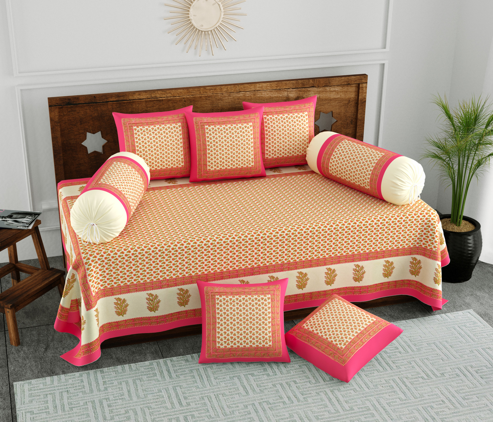 Pink Floral 100 Pure Cotton Diwan Set for Living Room - Set Of 8 Pieces