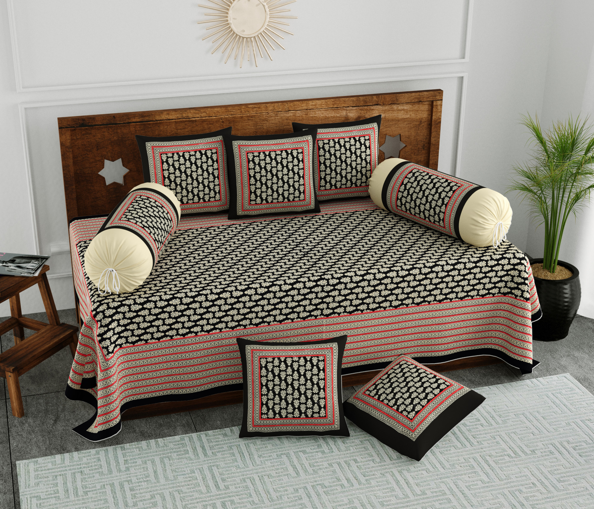 Black  Beige Floral 100 Pure Cotton Diwan Set for Living Room - Set Of 8 Pieces