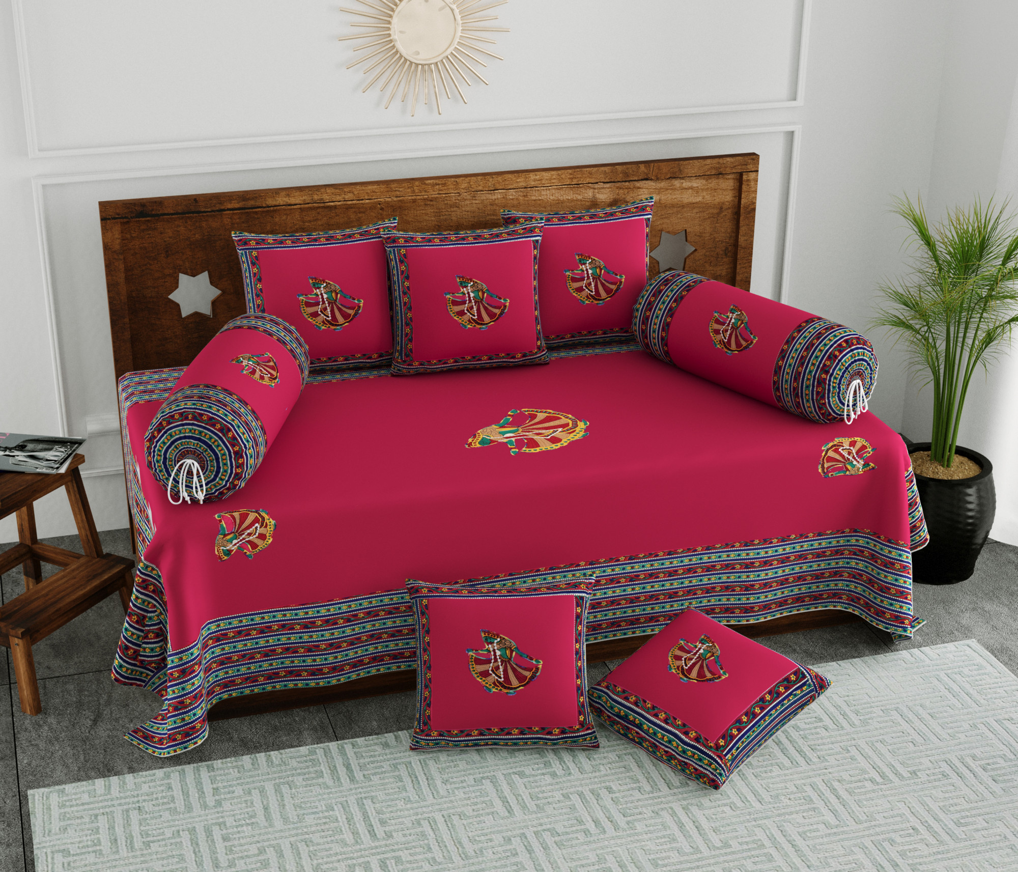 Rajasthani Traditional Dancing Lady 100 Pure Cotton Diwan Set for Living Room - Set Of 8 Pieces