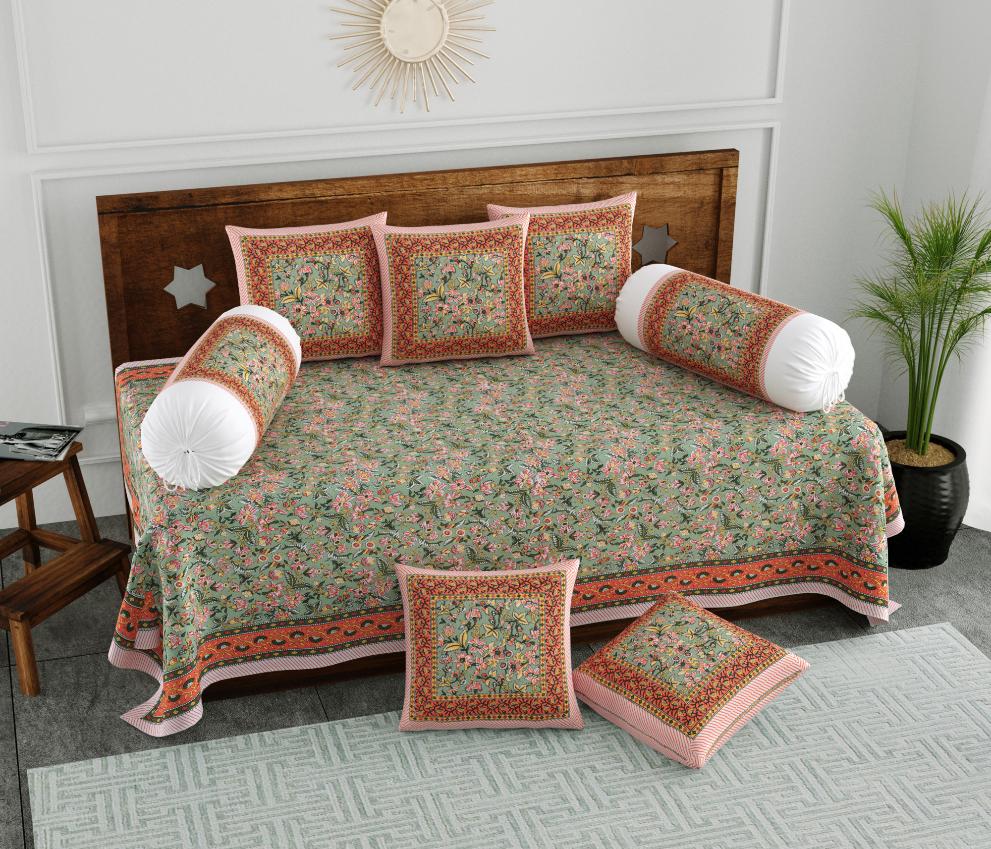 Yellow  Orange Floral 100 Pure Cotton Diwan Set for Living Room - Set Of 8 Pieces
