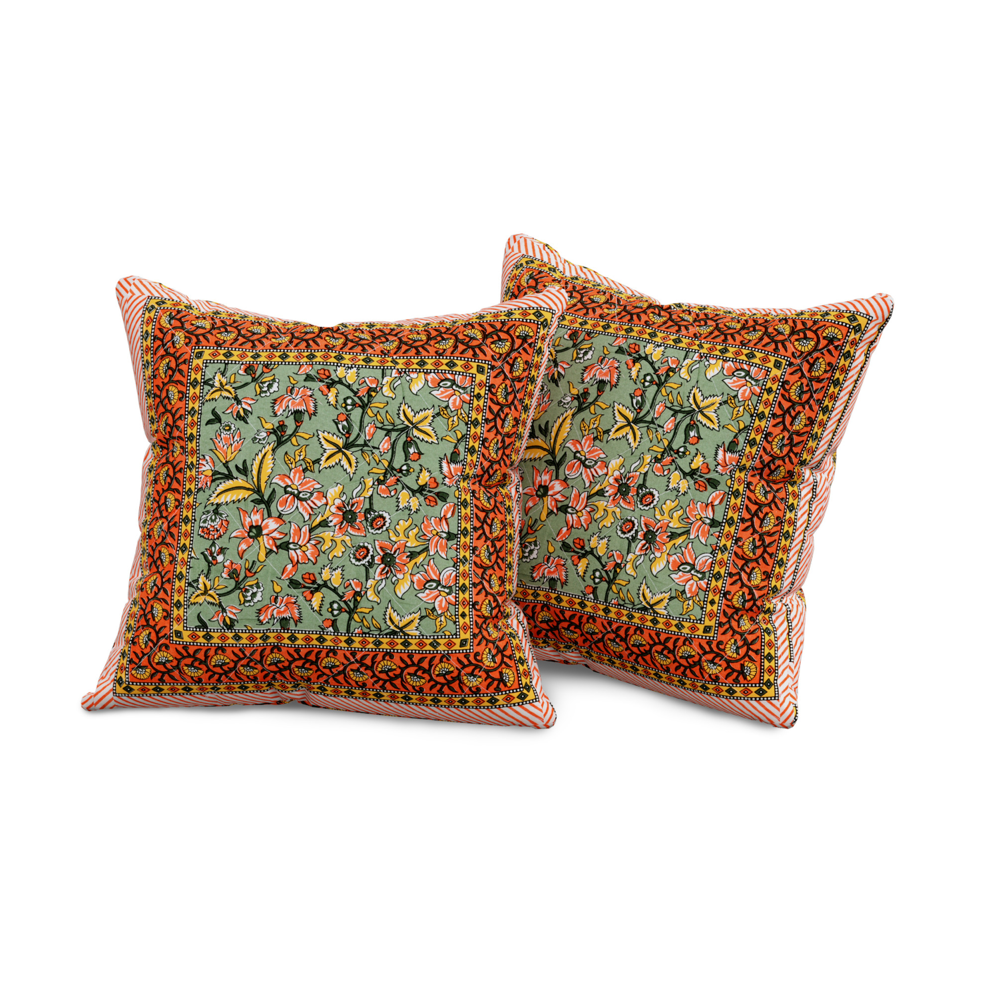 Yellow  Orange Floral 100 Pure Cotton Diwan Set for Living Room - Set Of 8 Pieces