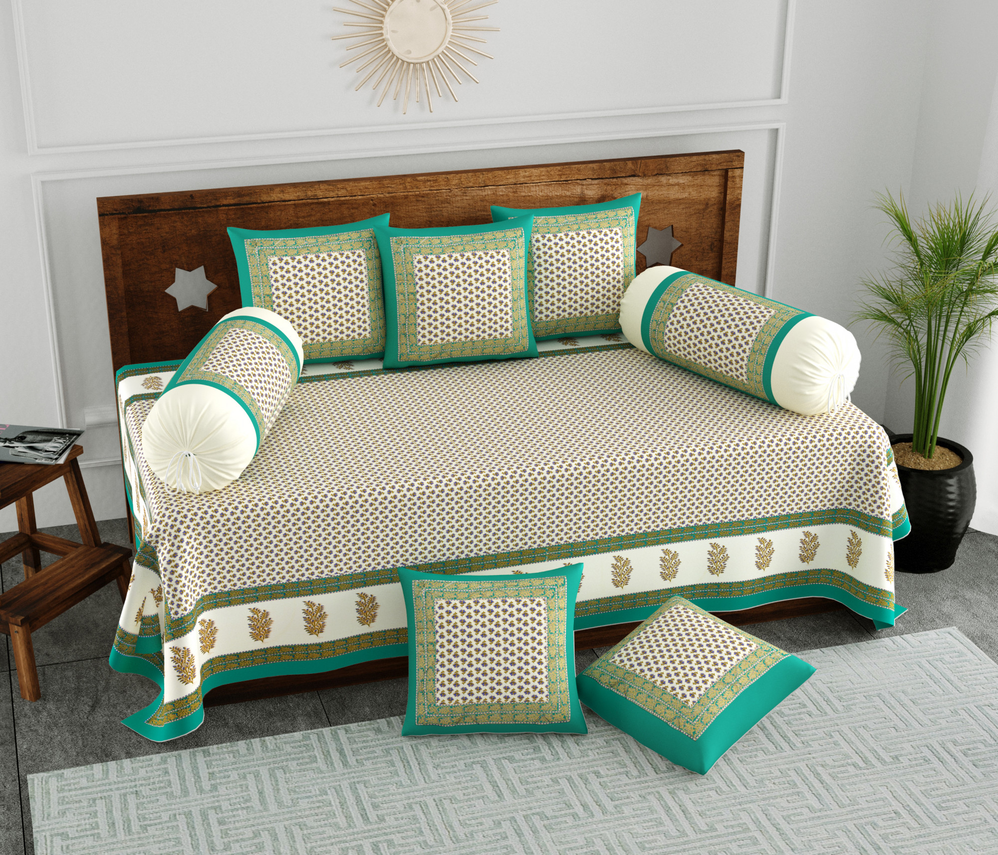 Green  Blue Floral 100 Pure Cotton Diwan Set for Living Room - Set Of 8 Pieces