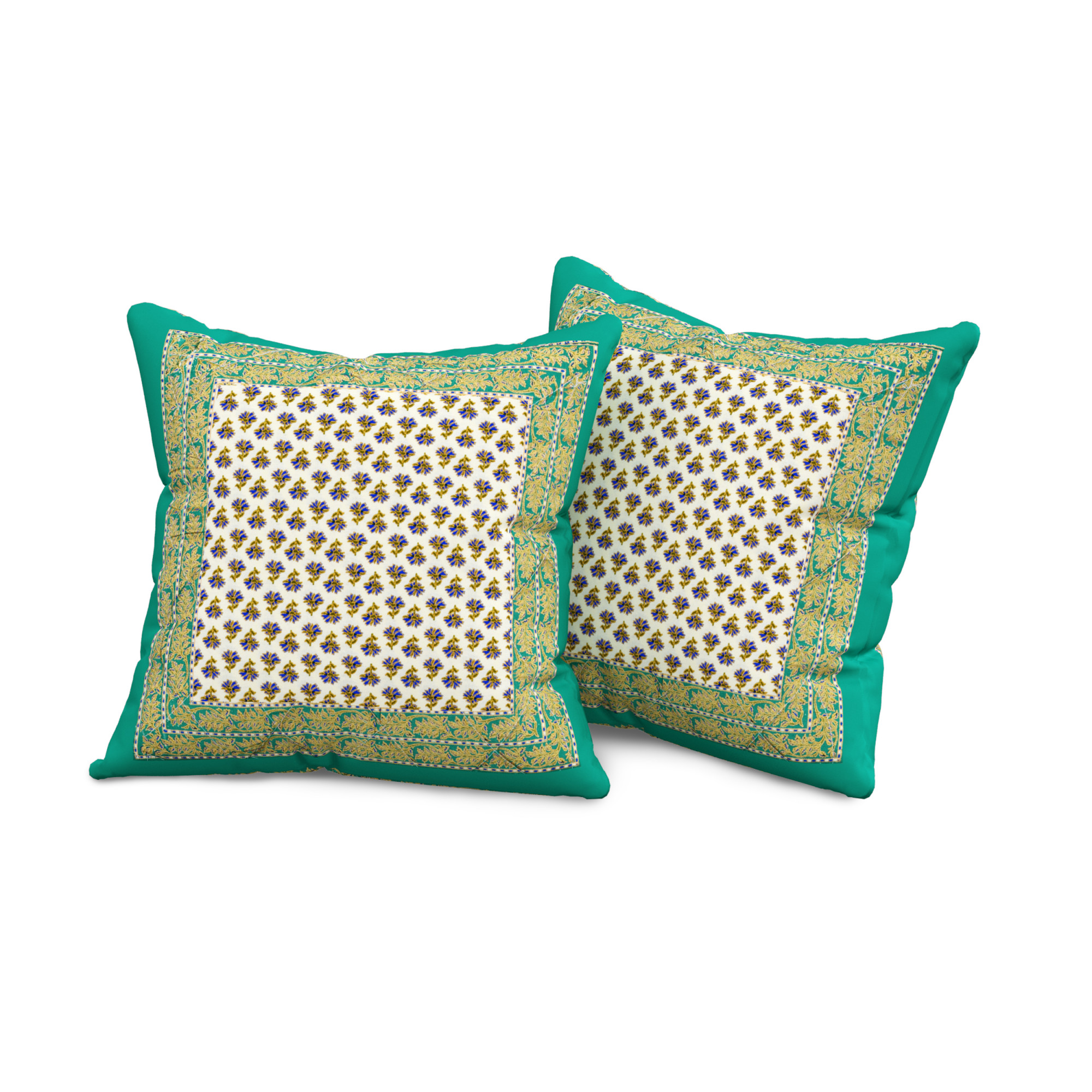 Green  Blue Floral 100 Pure Cotton Diwan Set for Living Room - Set Of 8 Pieces