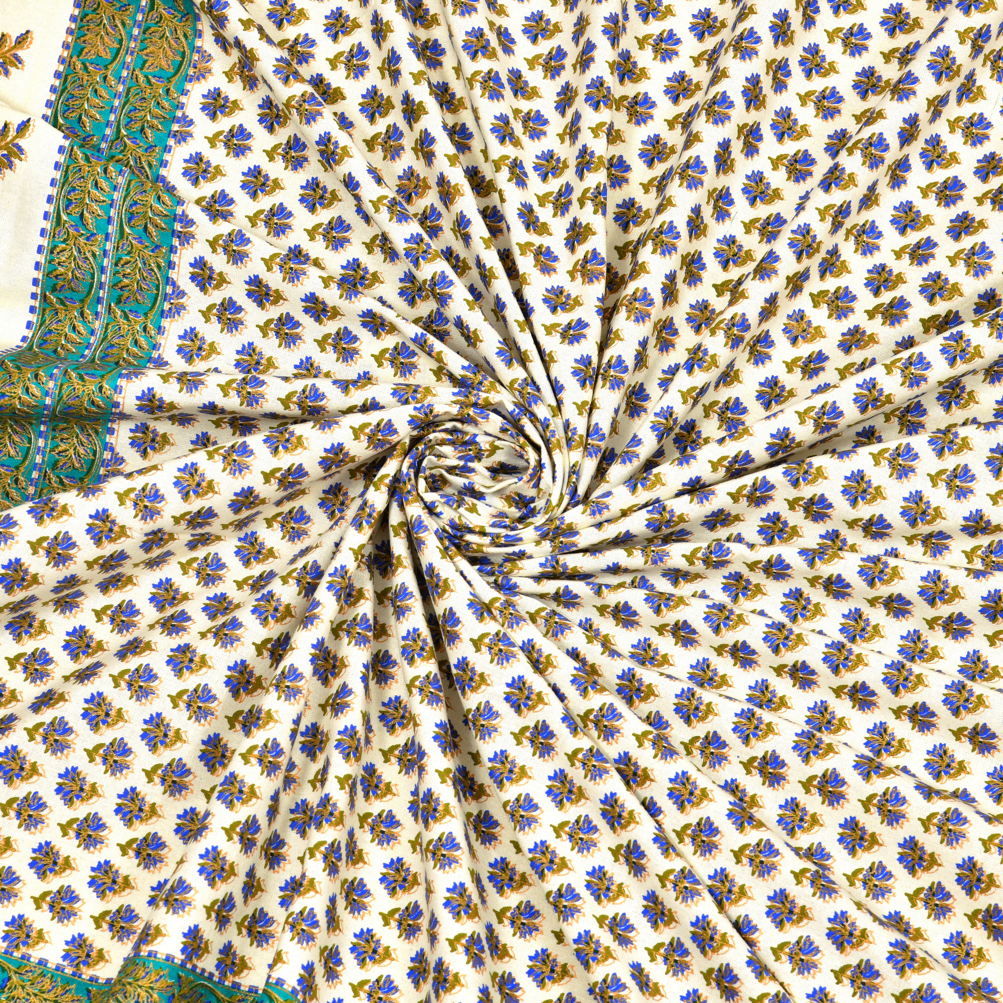 Green Blue Floral 100 Pure Cotton Diwan Set for Living Room - Set Of 8 Pieces