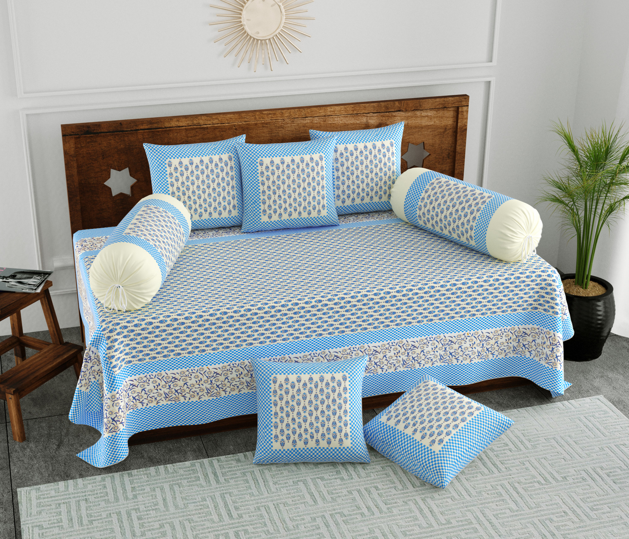 Blue Floral 100 Pure Cotton Diwan Set for Living Room - Set Of 8 Pieces