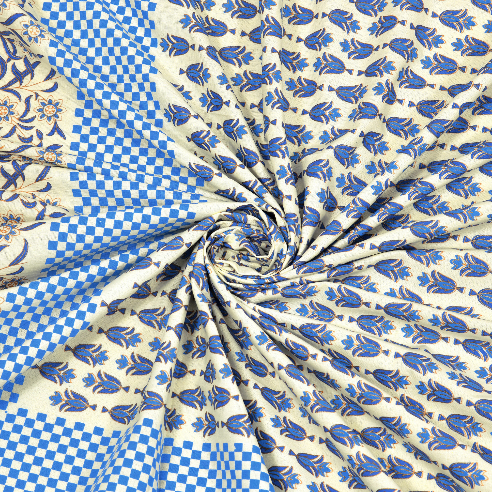 Blue Floral 100 Pure Cotton Diwan Set for Living Room - Set Of 8 Pieces