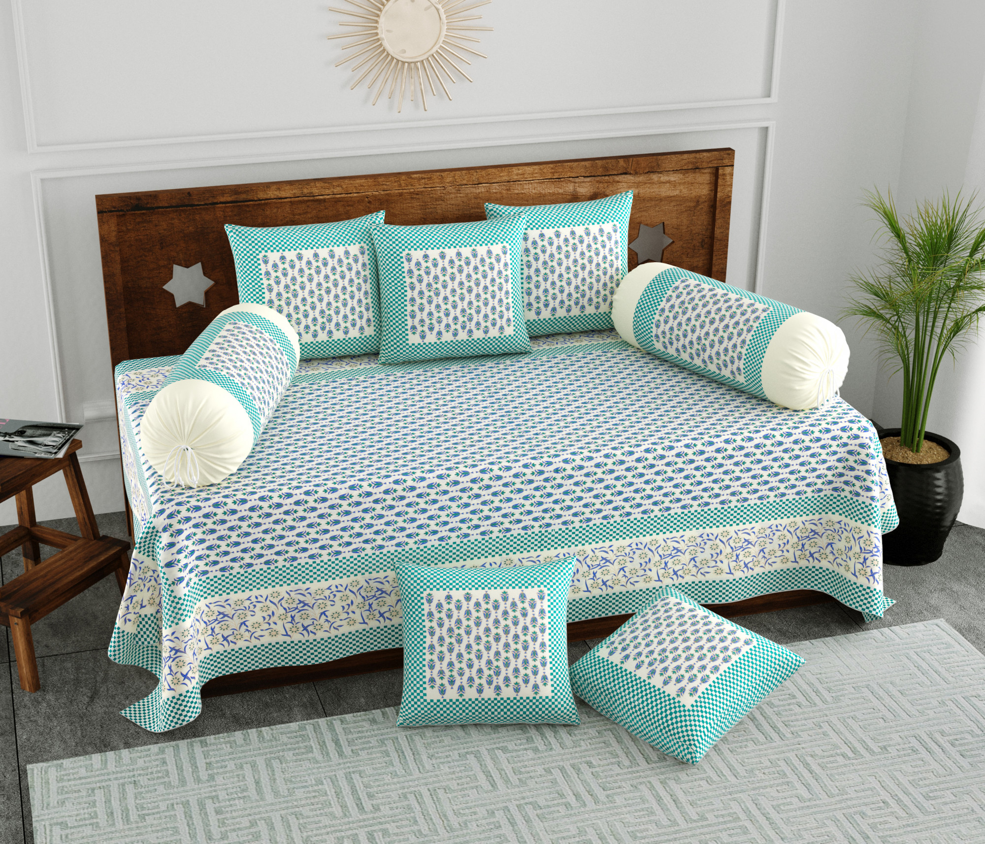 Green Floral 100 Pure Cotton Diwan Set for Living Room - Set Of 8 Pieces