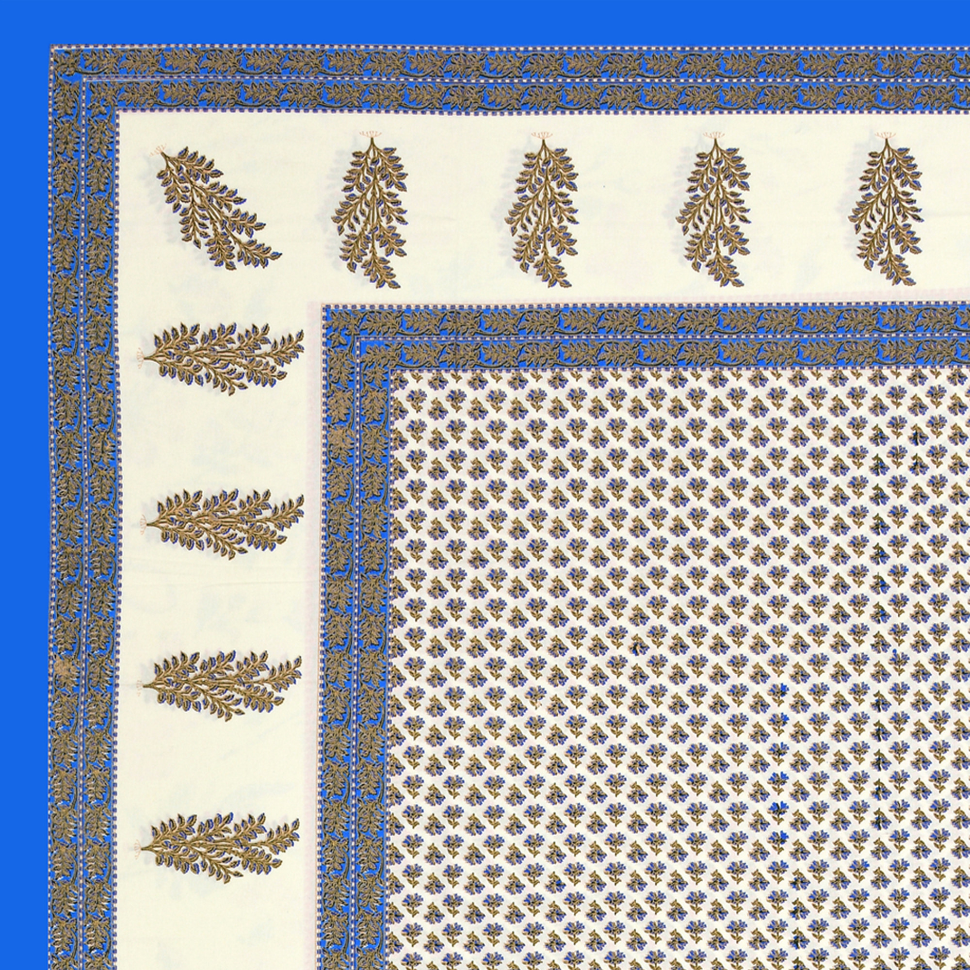 Blue Beige Floral 100 Pure Cotton Diwan Set for Living Room - Set Of 8 Pieces