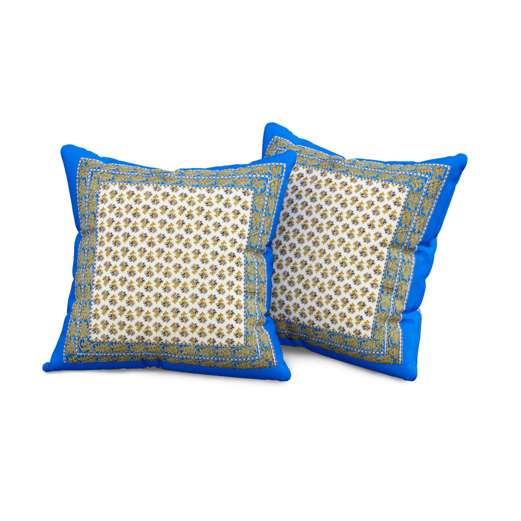 Blue  Beige Floral 100 Pure Cotton Diwan Set for Living Room - Set Of 8 Pieces