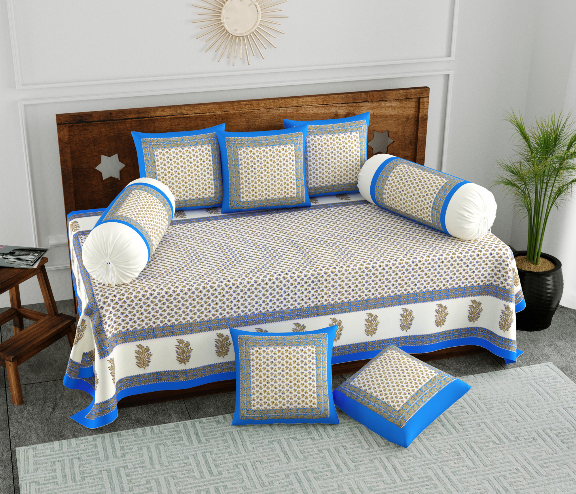 Blue Beige Floral 100 Pure Cotton Diwan Set for Living Room - Set Of 8 Pieces