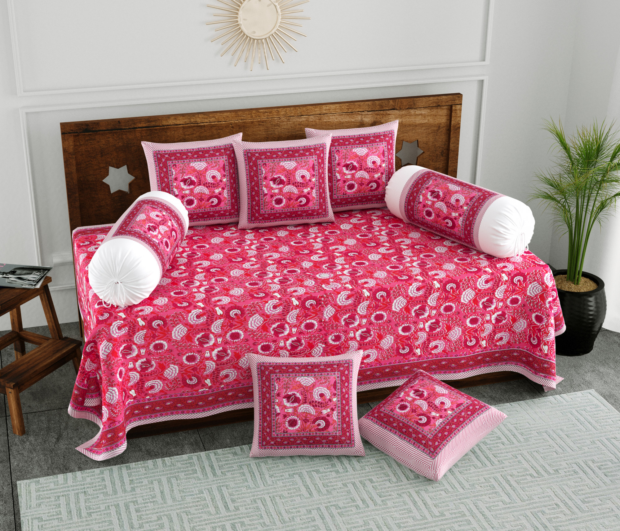 Pink Floral 100 Pure Cotton Diwan Set for Living Room - Set Of 8 Pieces