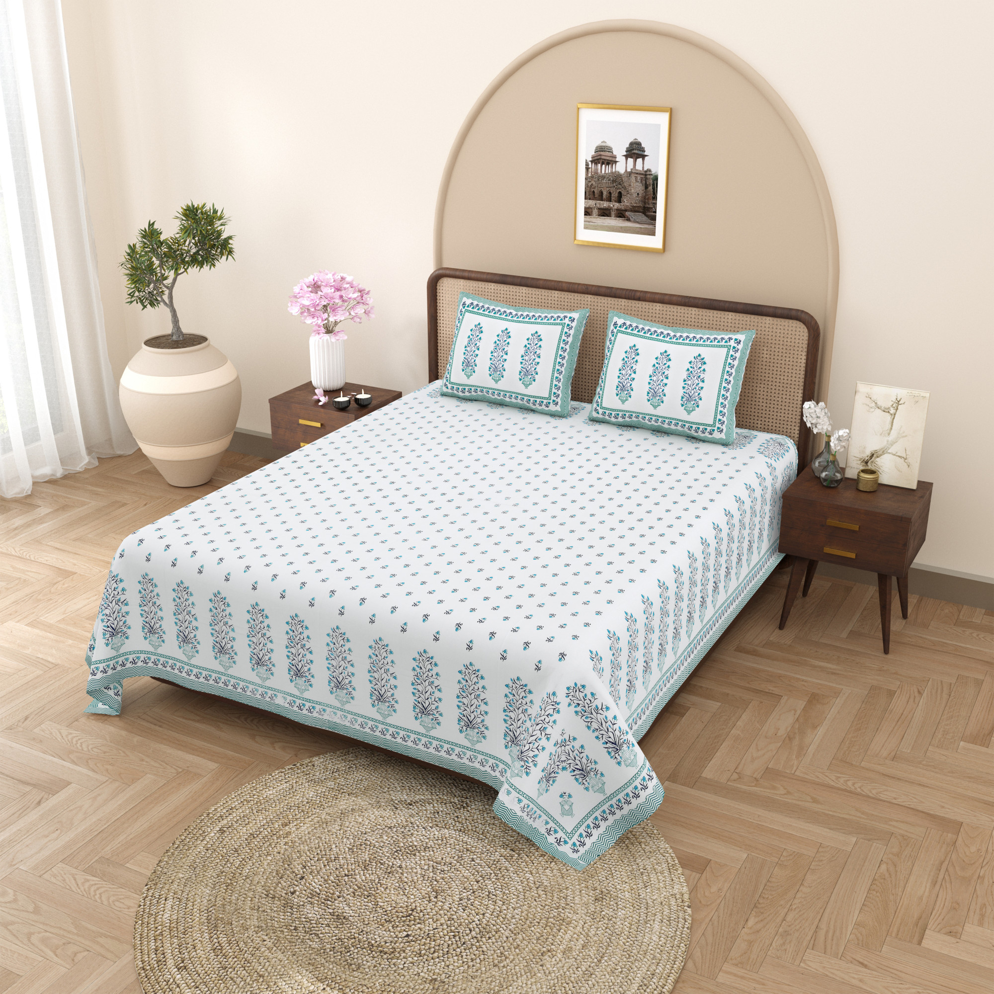 Green Ethnic Motifs Printed Pure Cotton Double Bedsheet with 2 Pillow Covers