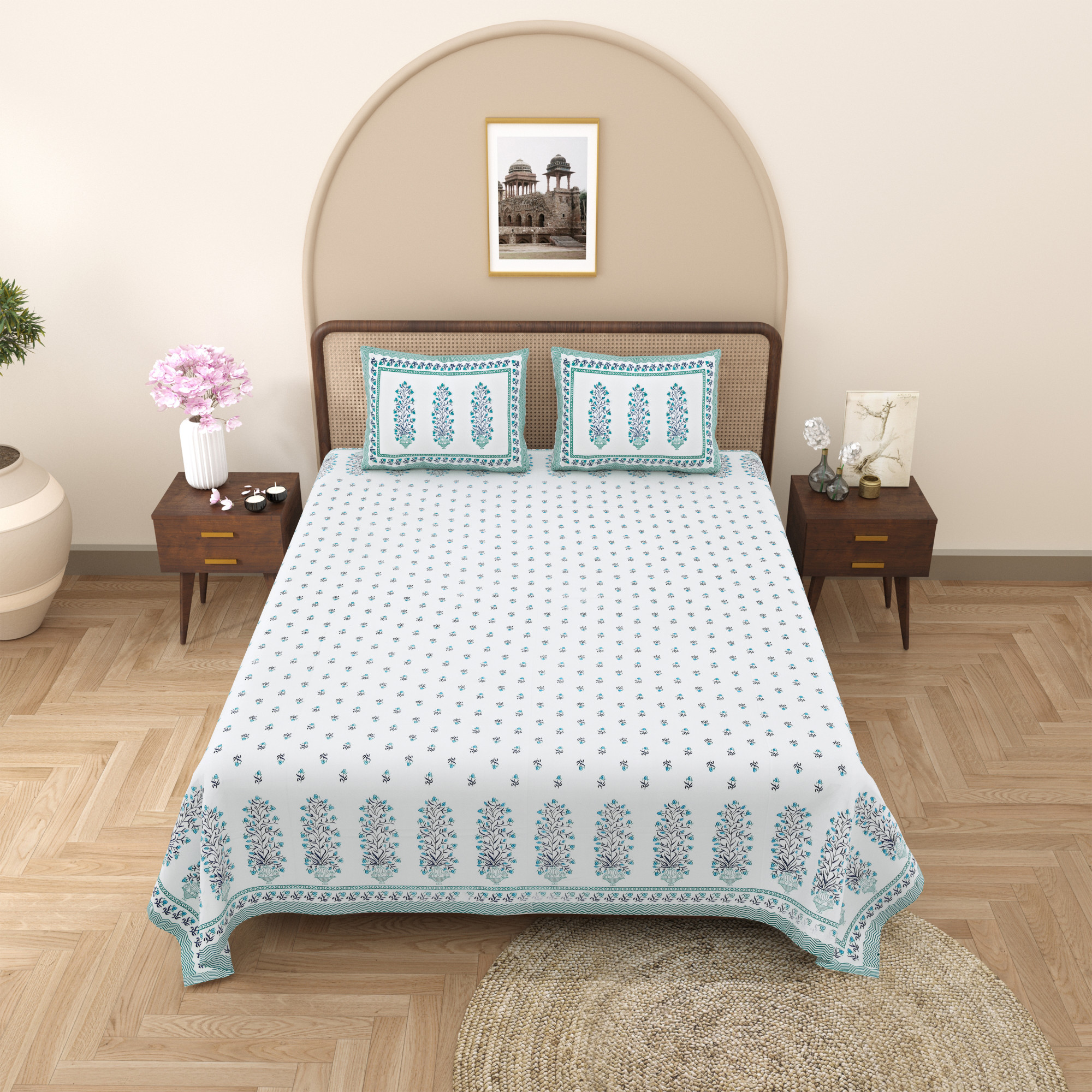 Green Ethnic Motifs Printed Pure Cotton Double Bedsheet with 2 Pillow Covers