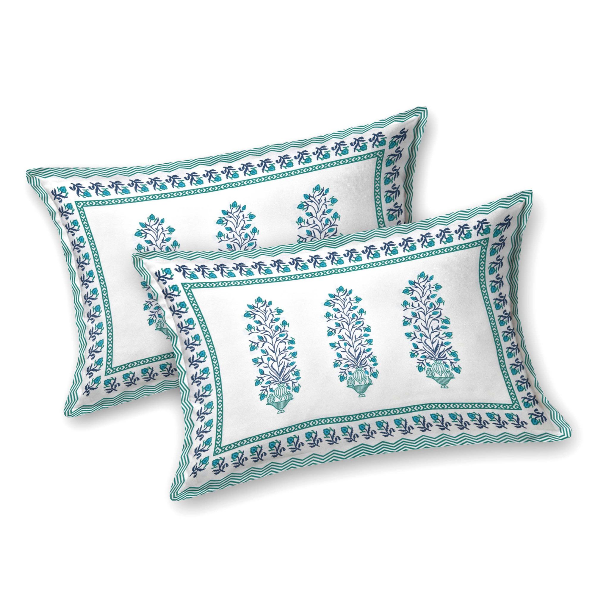 Green Ethnic Motifs Printed Pure Cotton Double Bedsheet with 2 Pillow Covers