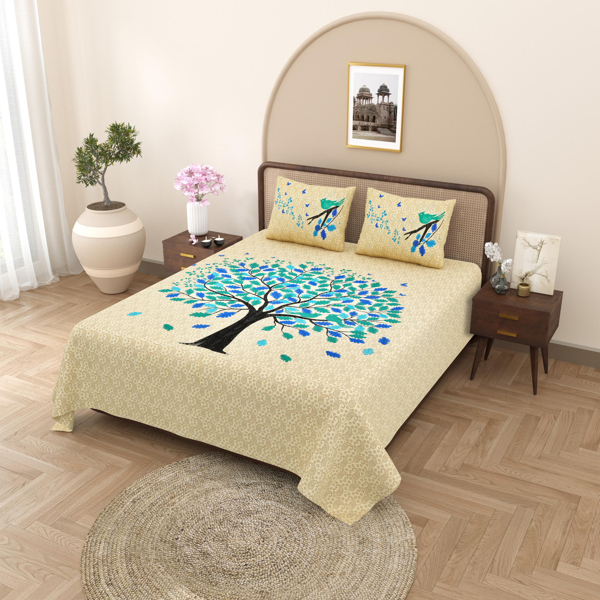 Green Spring Tree Pure Cotton Double Bedsheet with 2 Pillow Covers