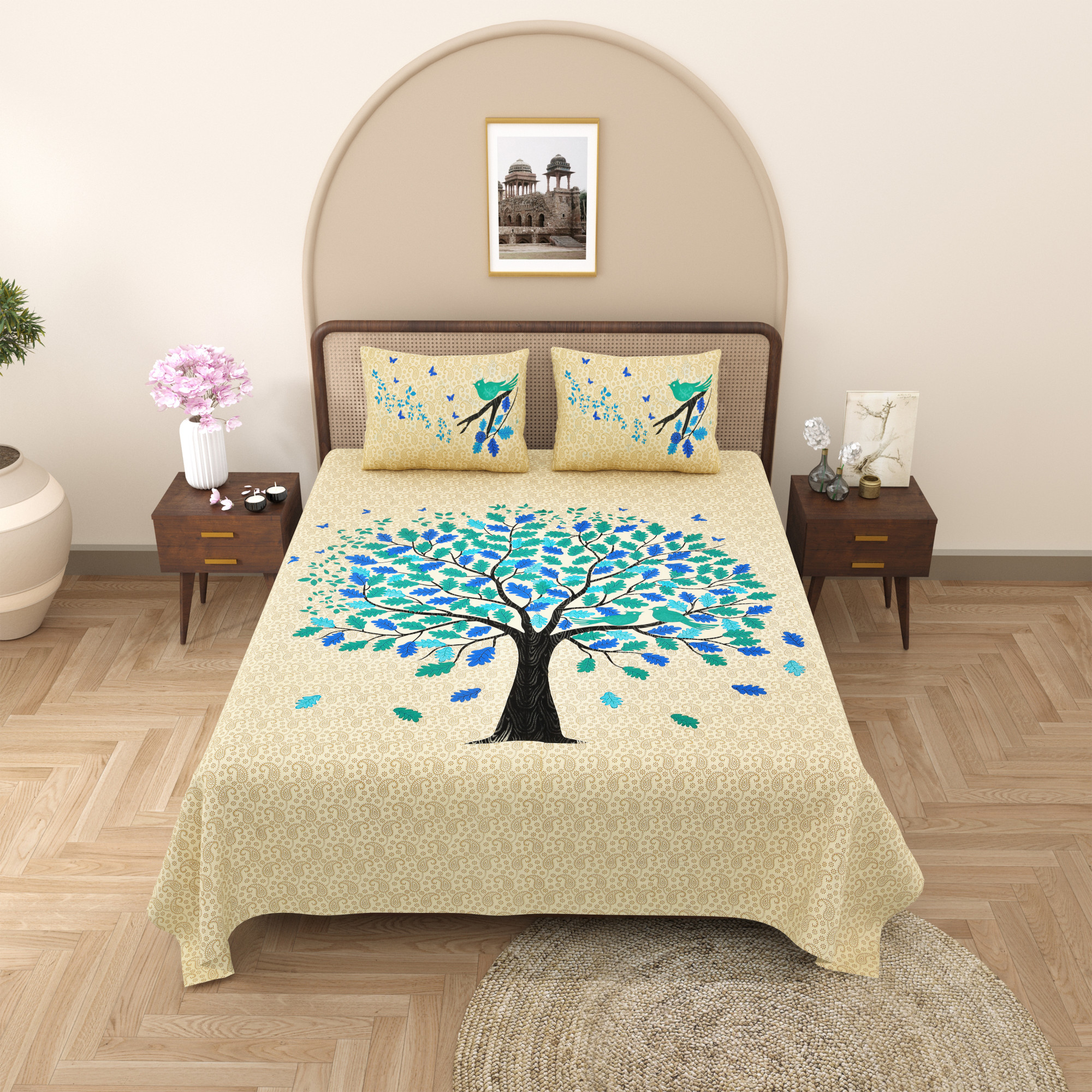 Green Spring Tree Pure Cotton Double Bedsheet with 2 Pillow Covers