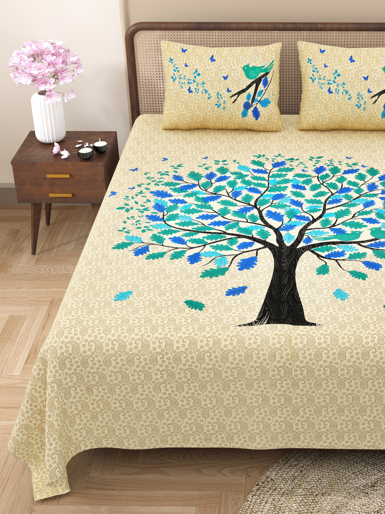 Green Spring Tree Pure Cotton Double Bedsheet with 2 Pillow Covers