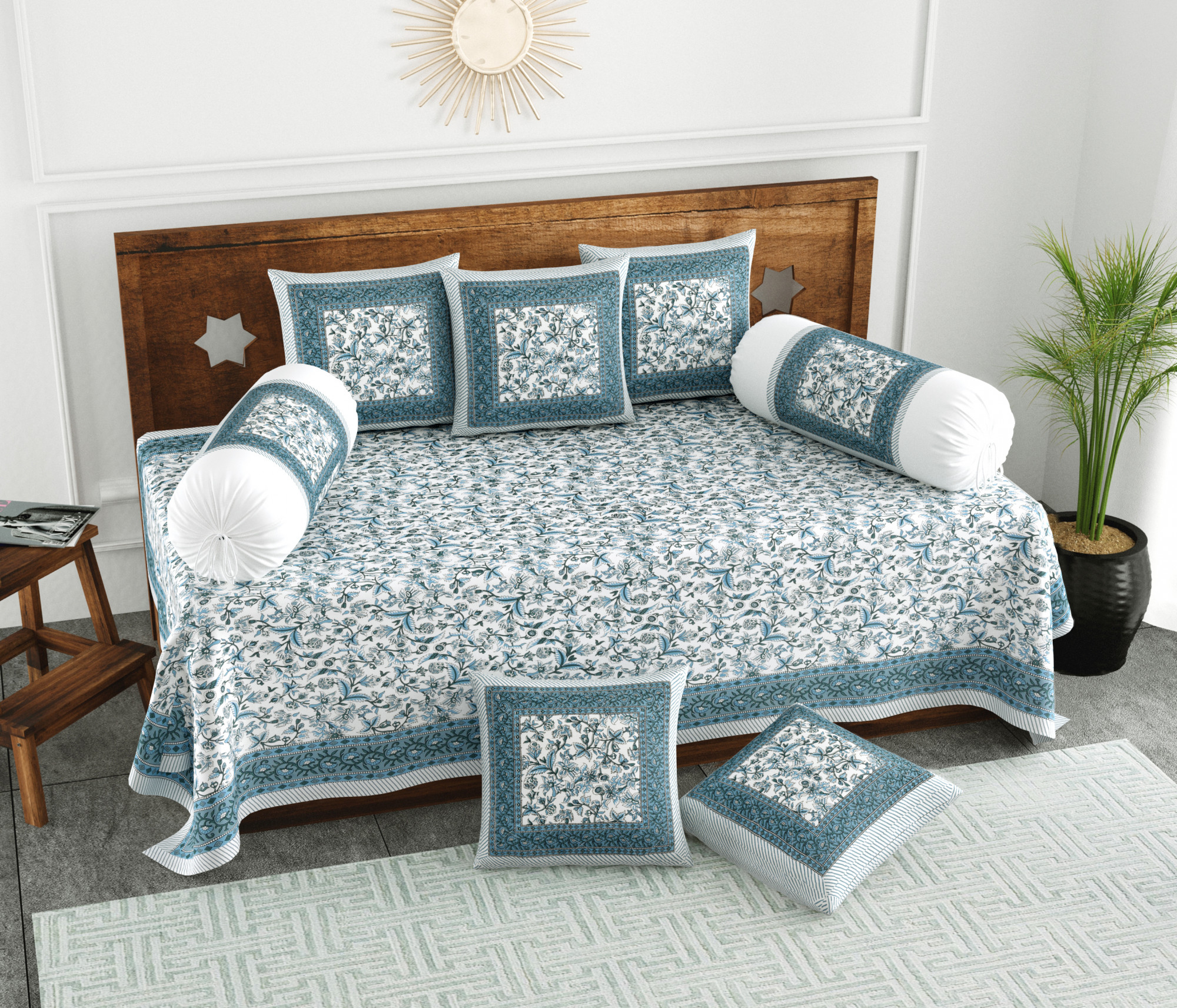 Grey Floral Printed 100 Pure Cotton Diwan Set for Living Room - Set Of 8 Pieces 1 Diwan sheet 5 Cushion Covers 2 Bolster Covers