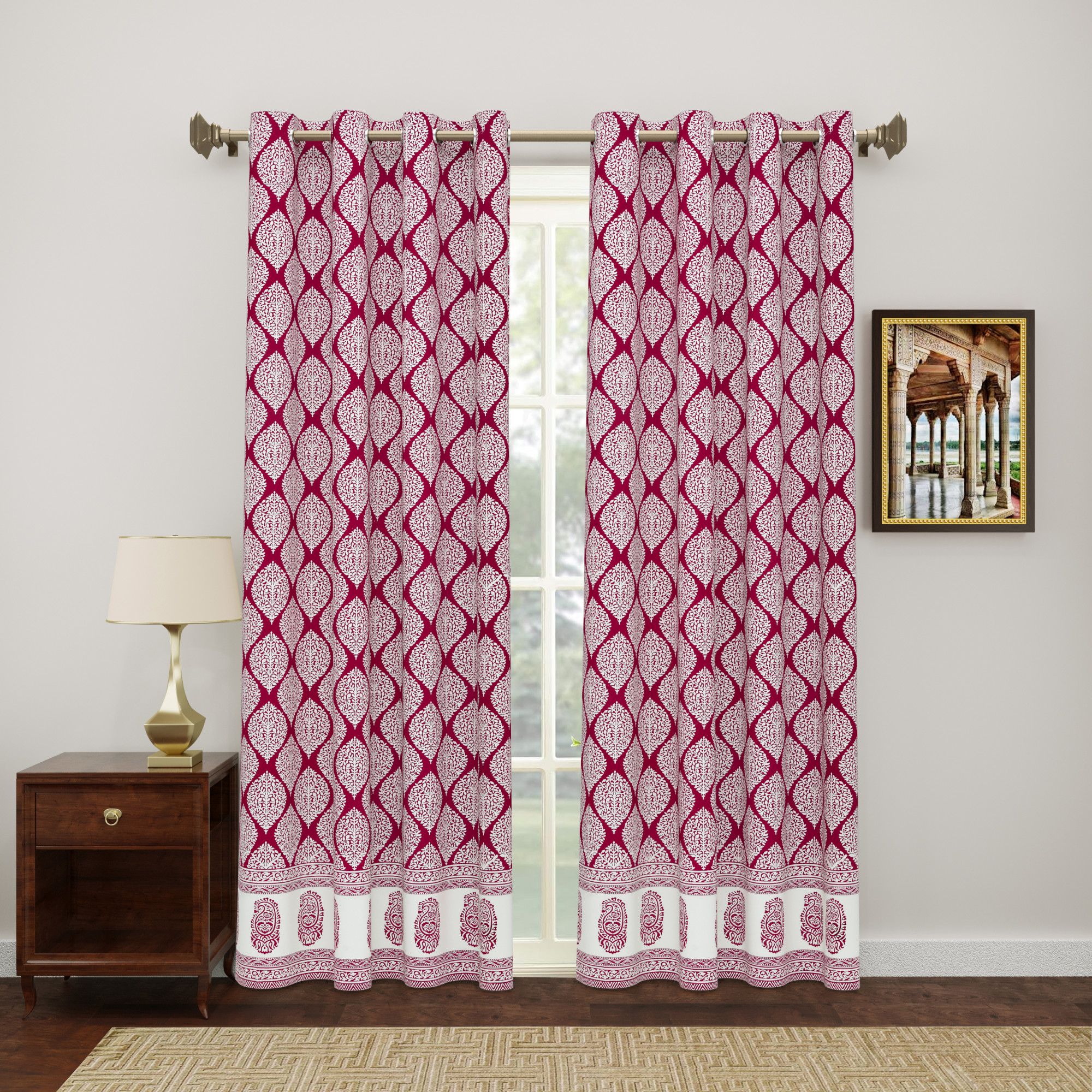 Maroon Ethnic Motifs 100 Cotton Curtains For Living Room Bedroom Curtains - Pack Of 2 Curtains