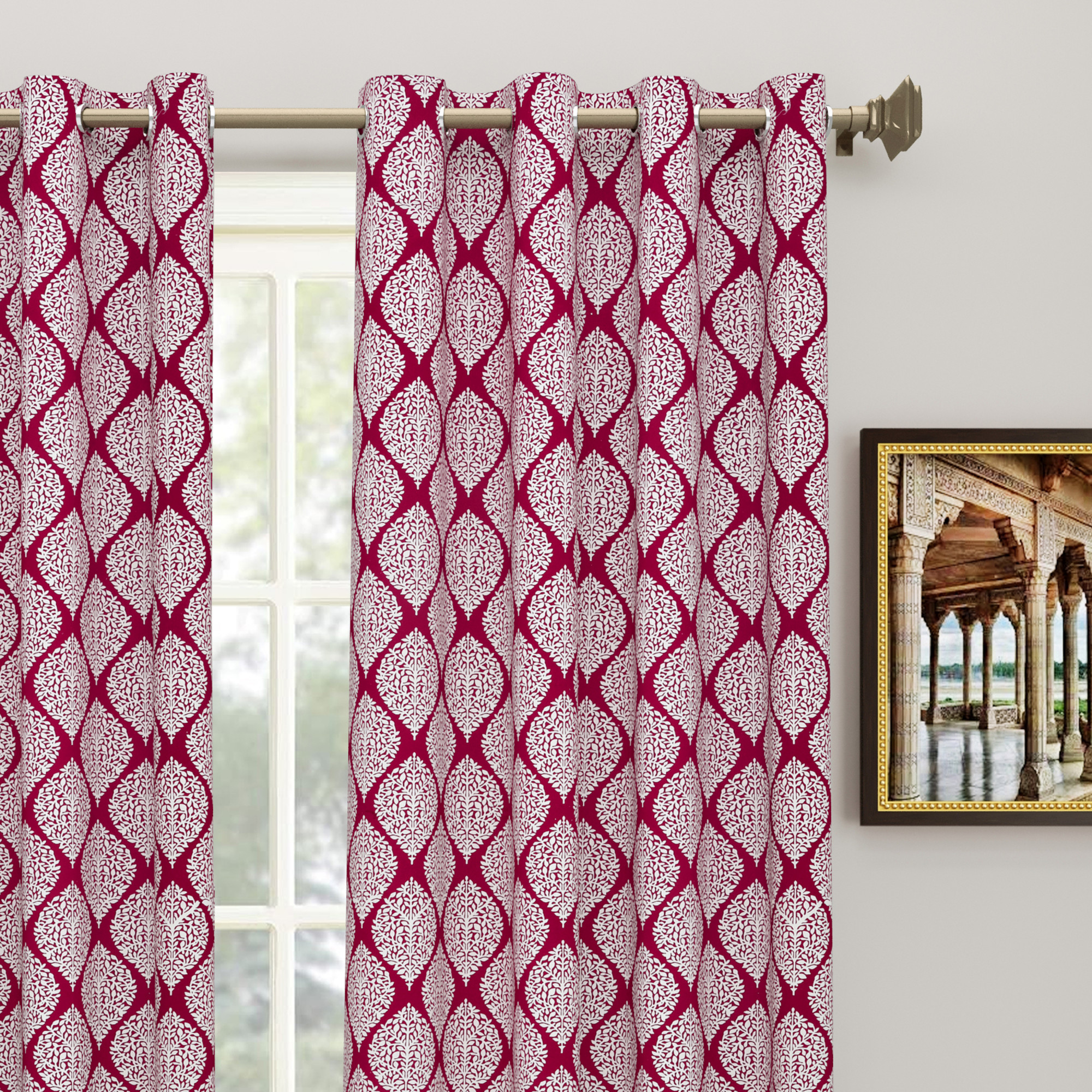 Maroon Ethnic Motifs 100 Cotton Curtains For Living Room Bedroom Curtains - Pack Of 2 Curtains