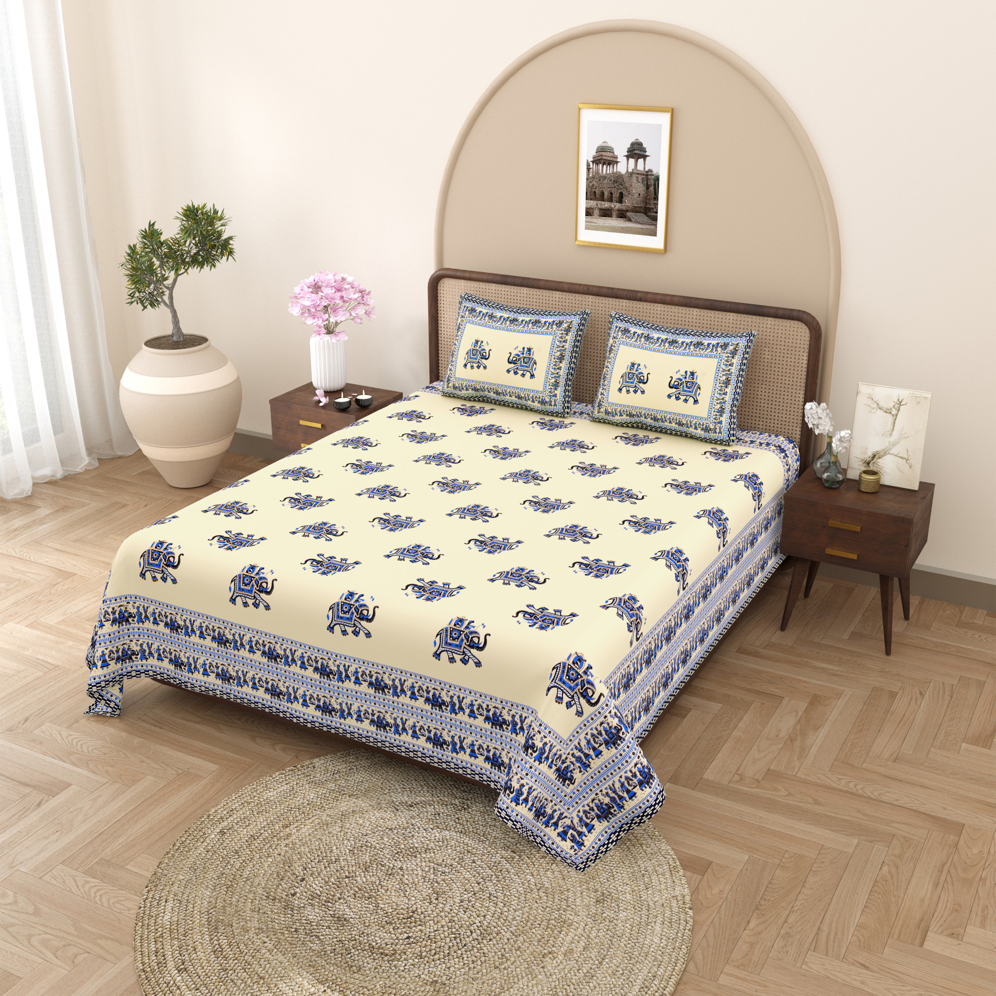 Navy Blue Elephant Printed Pure Cotton Double Bedsheet with 2 Pillow Covers
