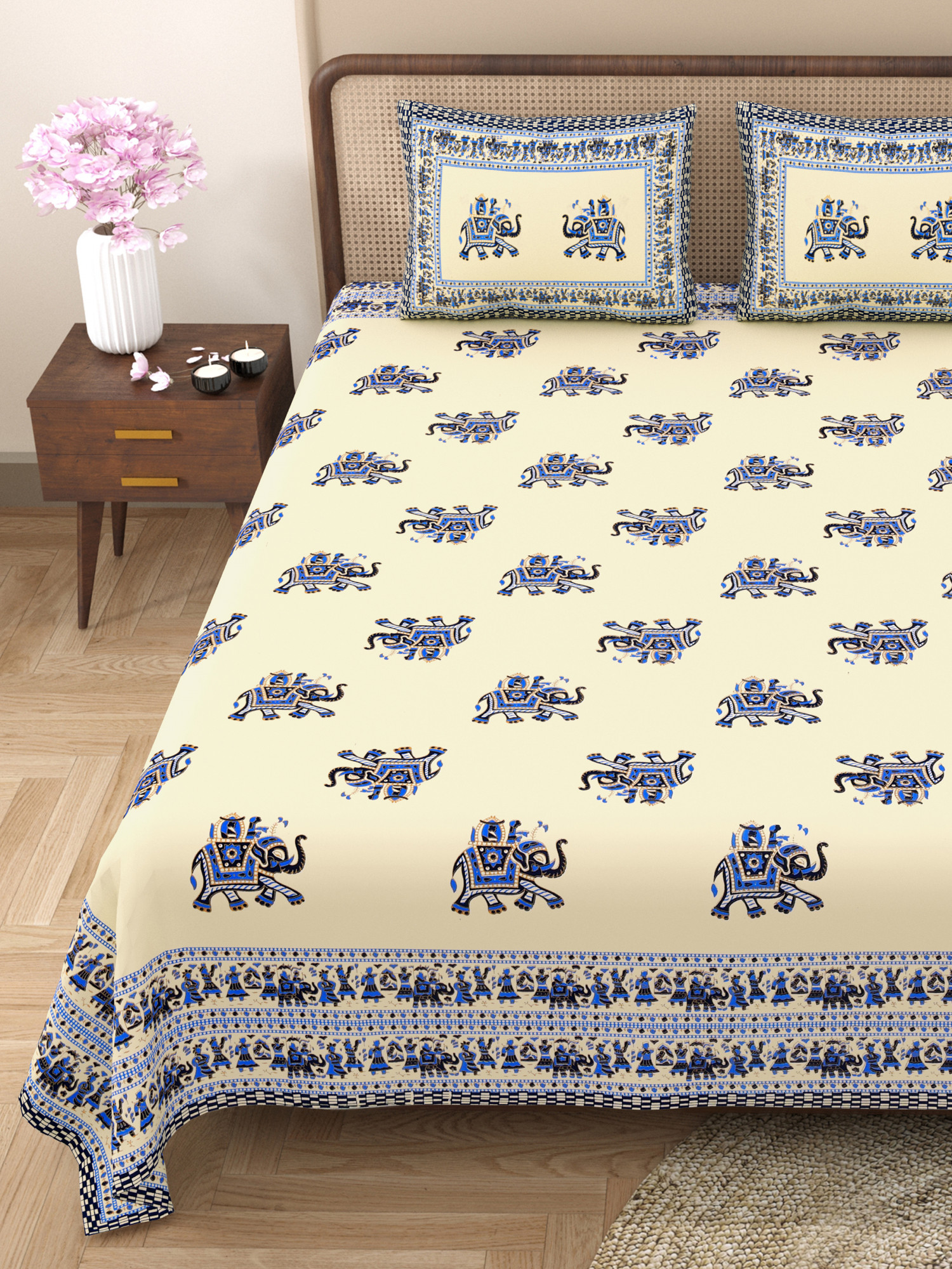 Navy Blue Elephant Printed Pure Cotton Double Bedsheet with 2 Pillow Covers